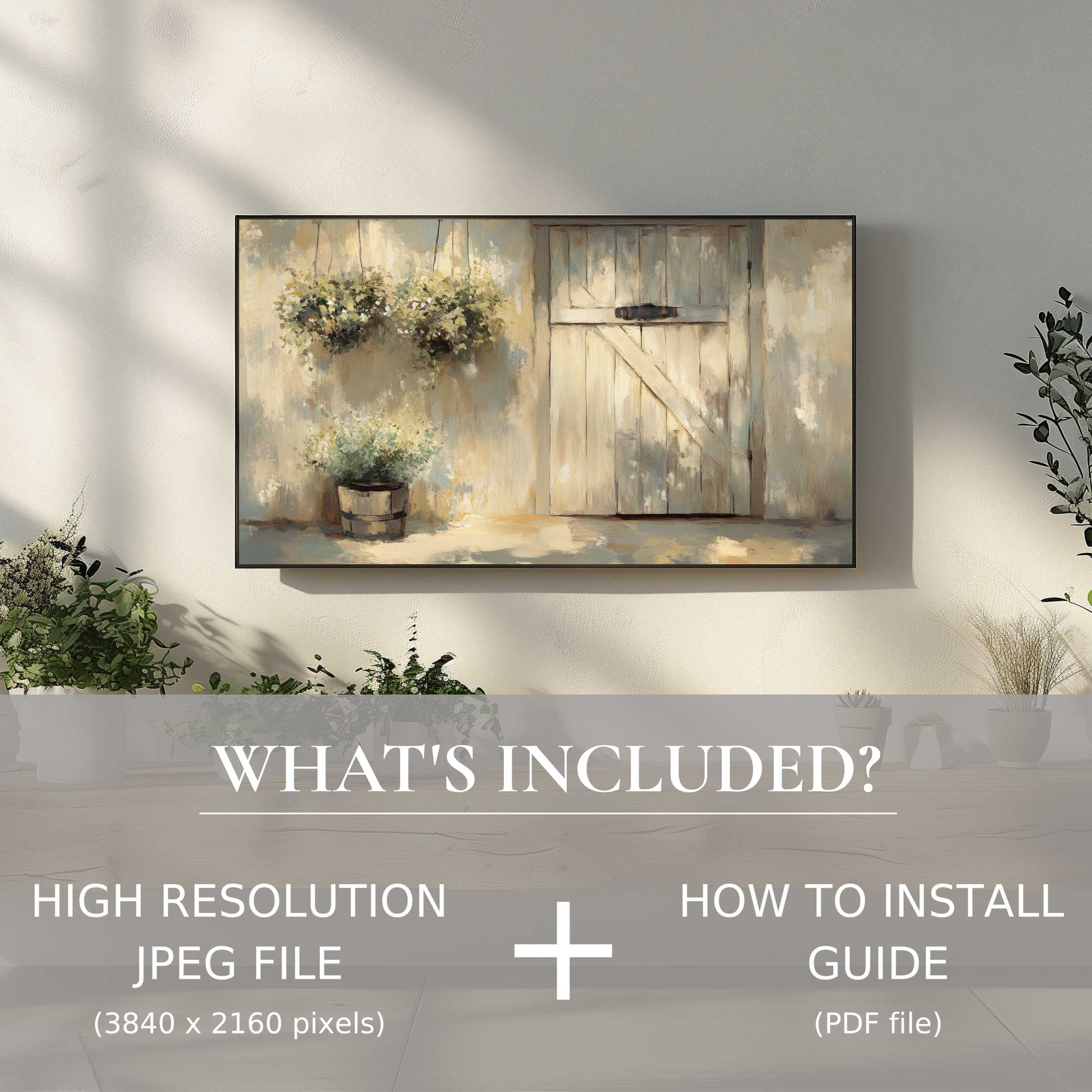 Elegant farmhouse digital TV art download showcasing rustic charm and easy digital use to elevate stylish living spaces