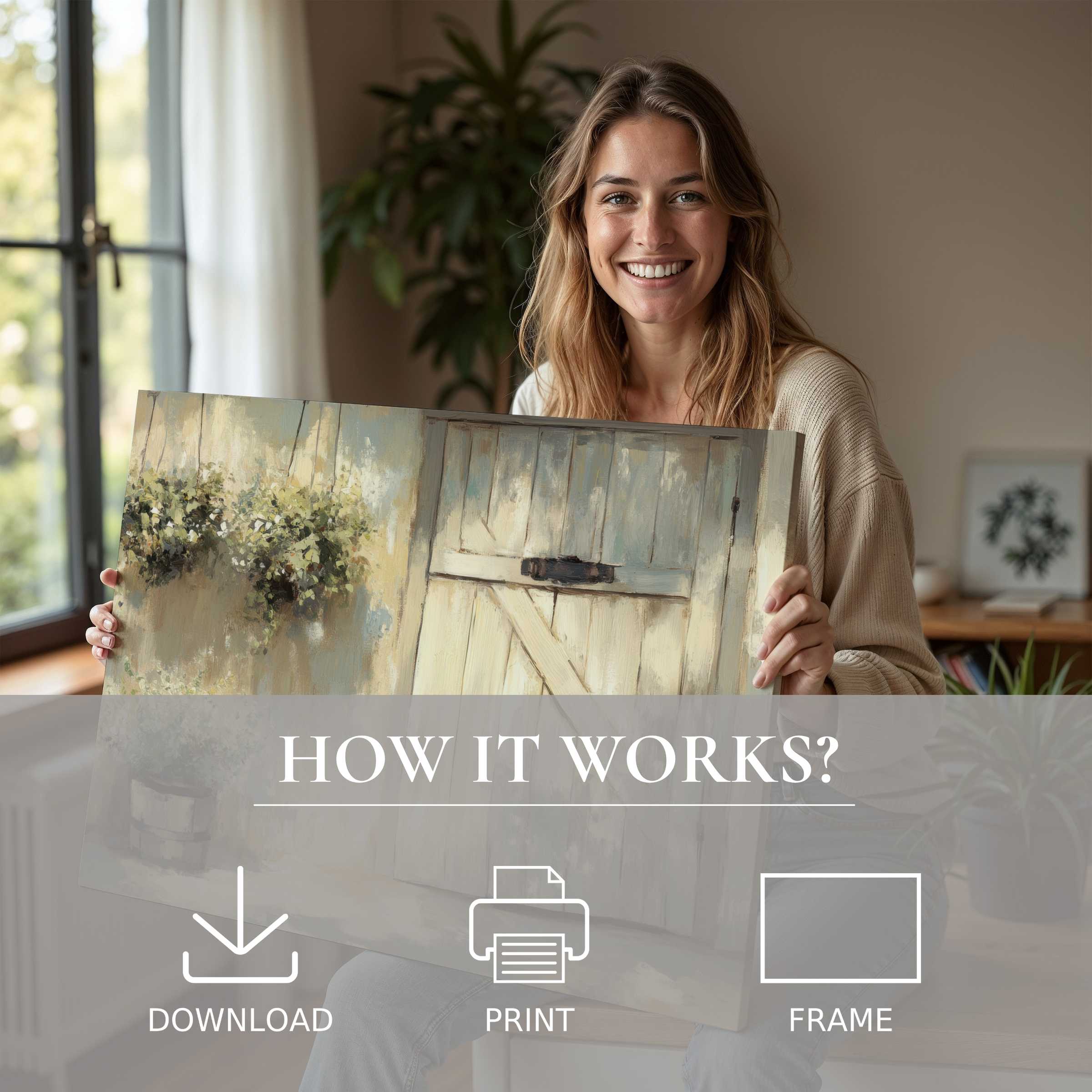 Radiant farmhouse digital art print capturing timeless rustic charm, embraced effortlessly in a serene modern home setting
