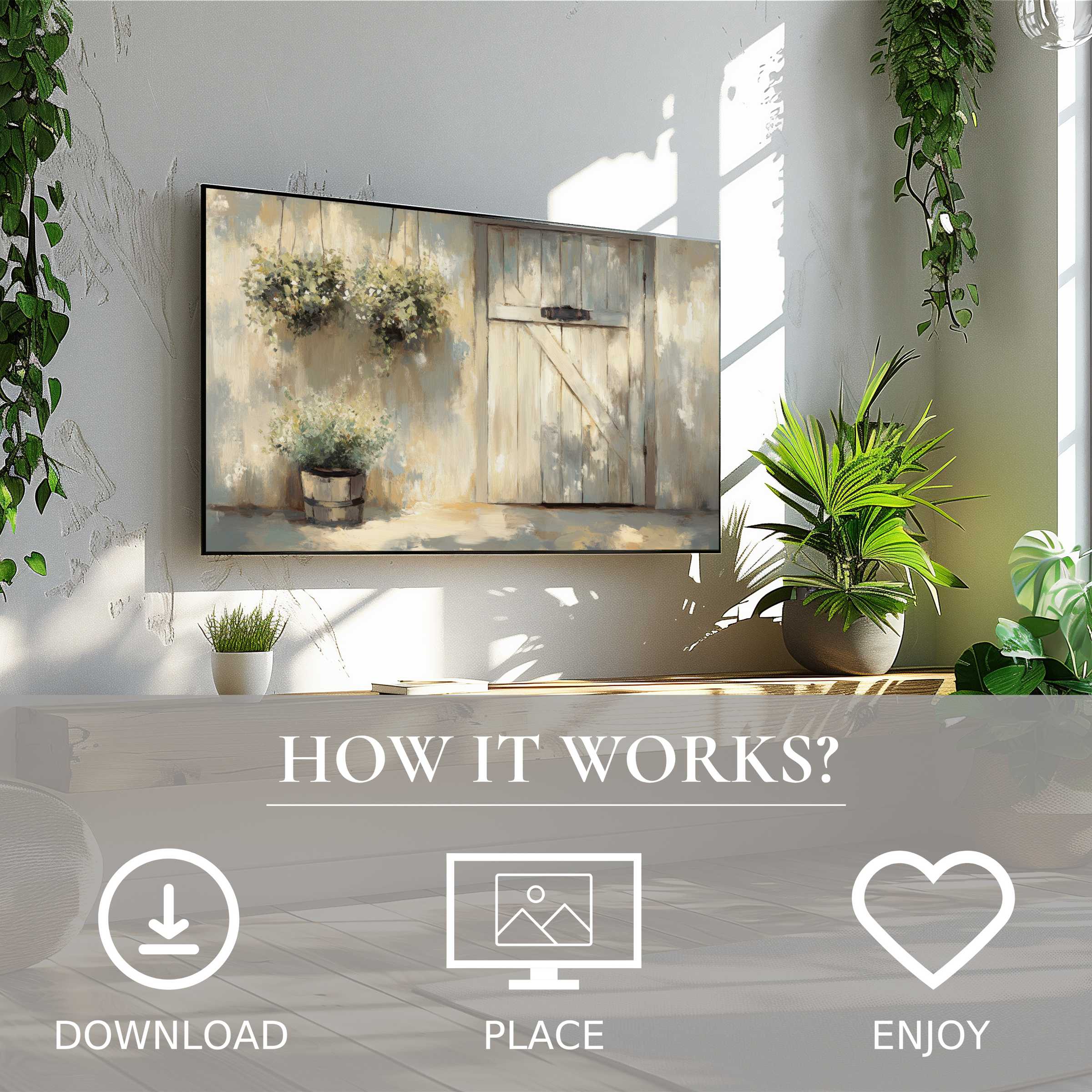 Farmhouse art for Samsung TV shows soft rustic door tones; easy digital download enriches any modern living space