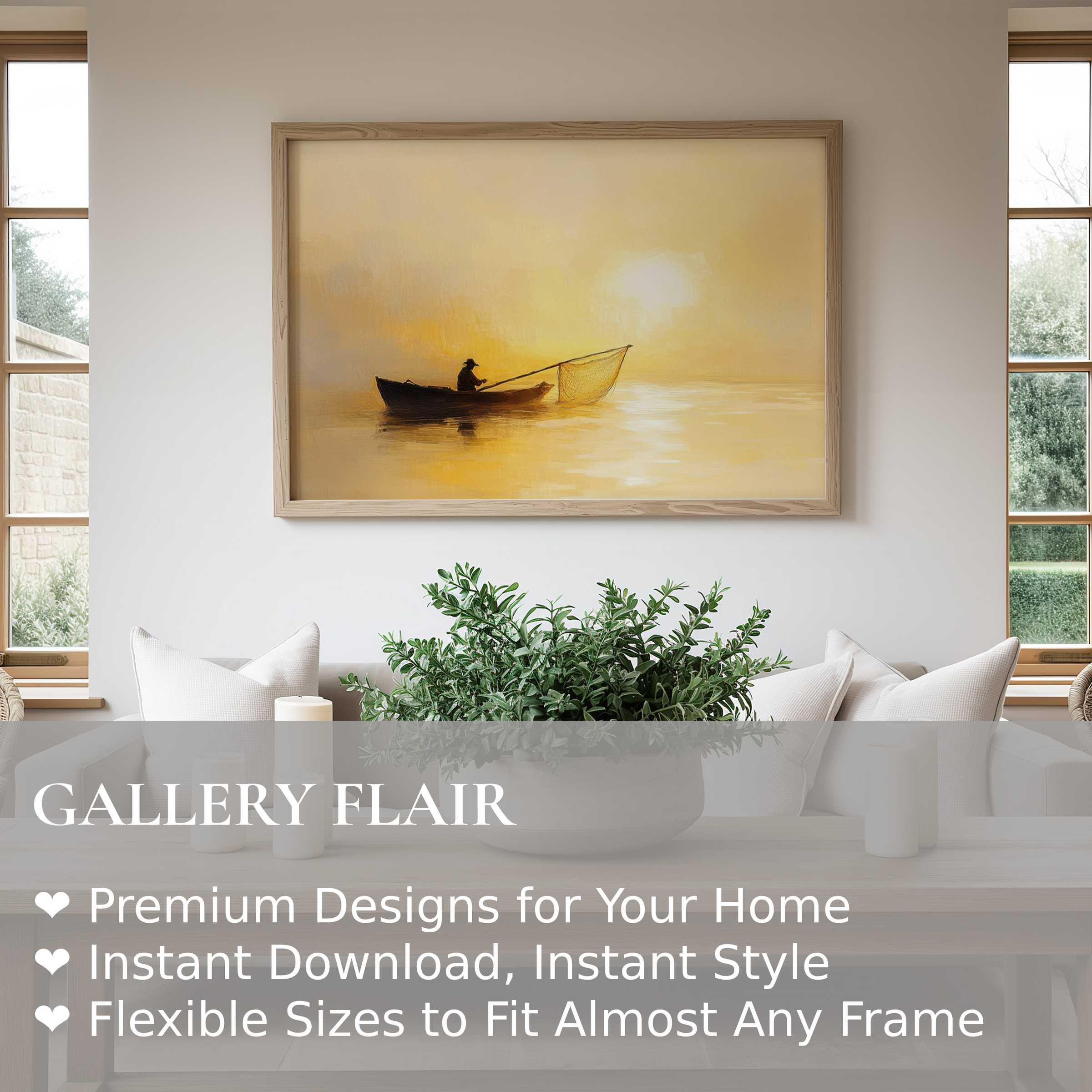 Calming coastal wall art print featuring a serene fisherman at sunrise, enhancing modern minimalist interiors with soft, radiant warmth