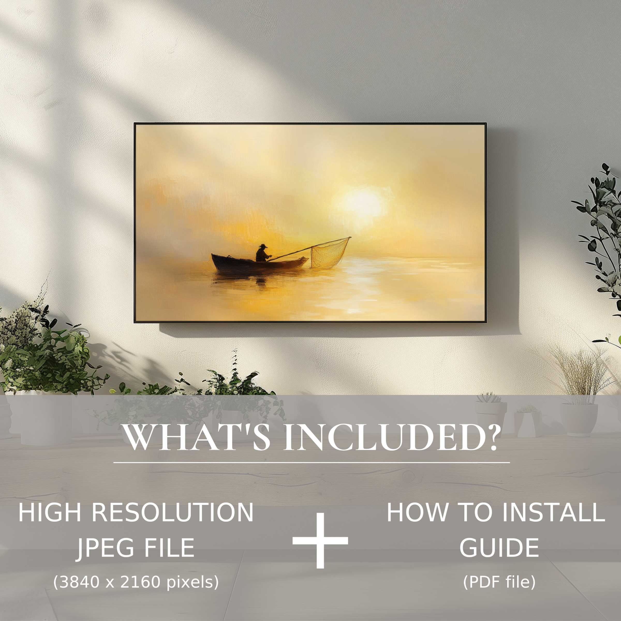 Elegant coastal digital TV art download enhancing serene living spaces with easy digital use and radiant sunset imagery