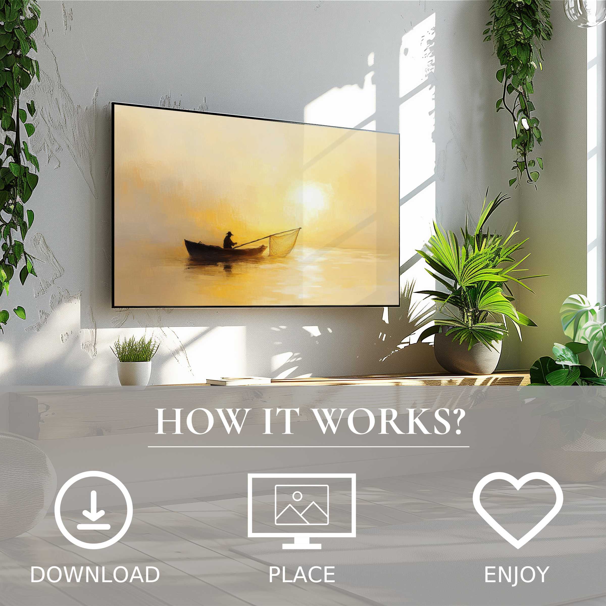 Coastal art for Samsung TV shows soft sunset tones with a boat; simple digital download enriches any modern space
