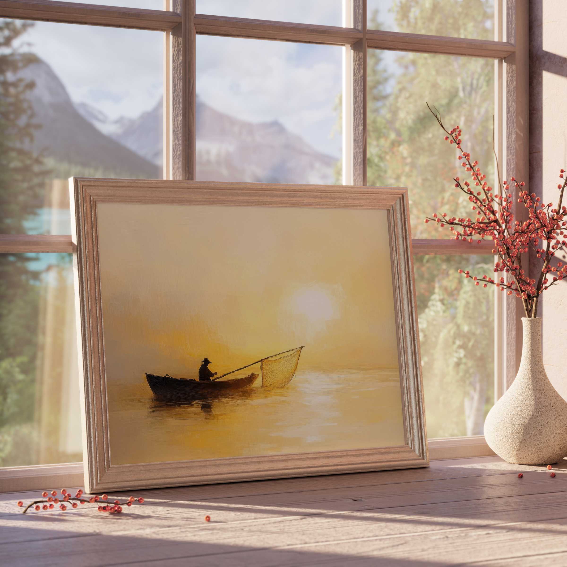 Coastal downloadable art capturing serene sunrise fishing scene, infusing tranquil, curated spaces with warm natural elegance