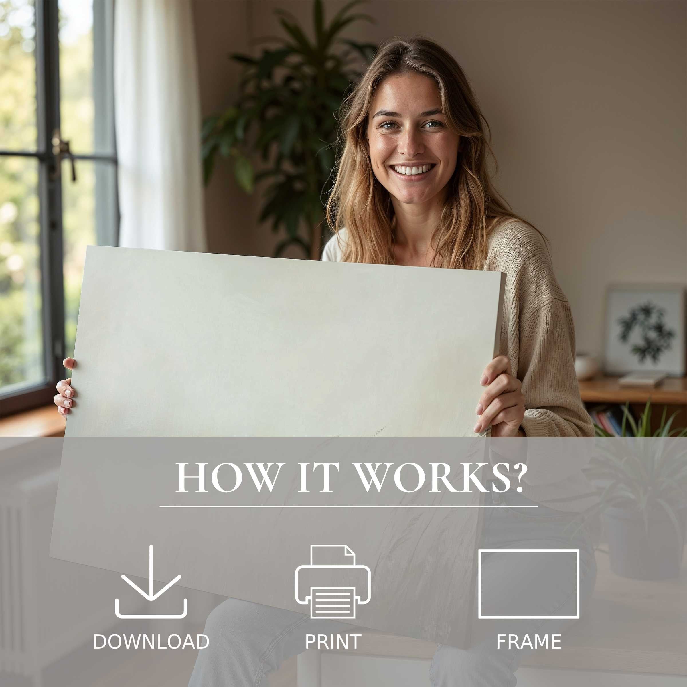 A radiant woman in a serene modern home embraces spring digital art print’s effortless charm, inspiring joyful connection through art