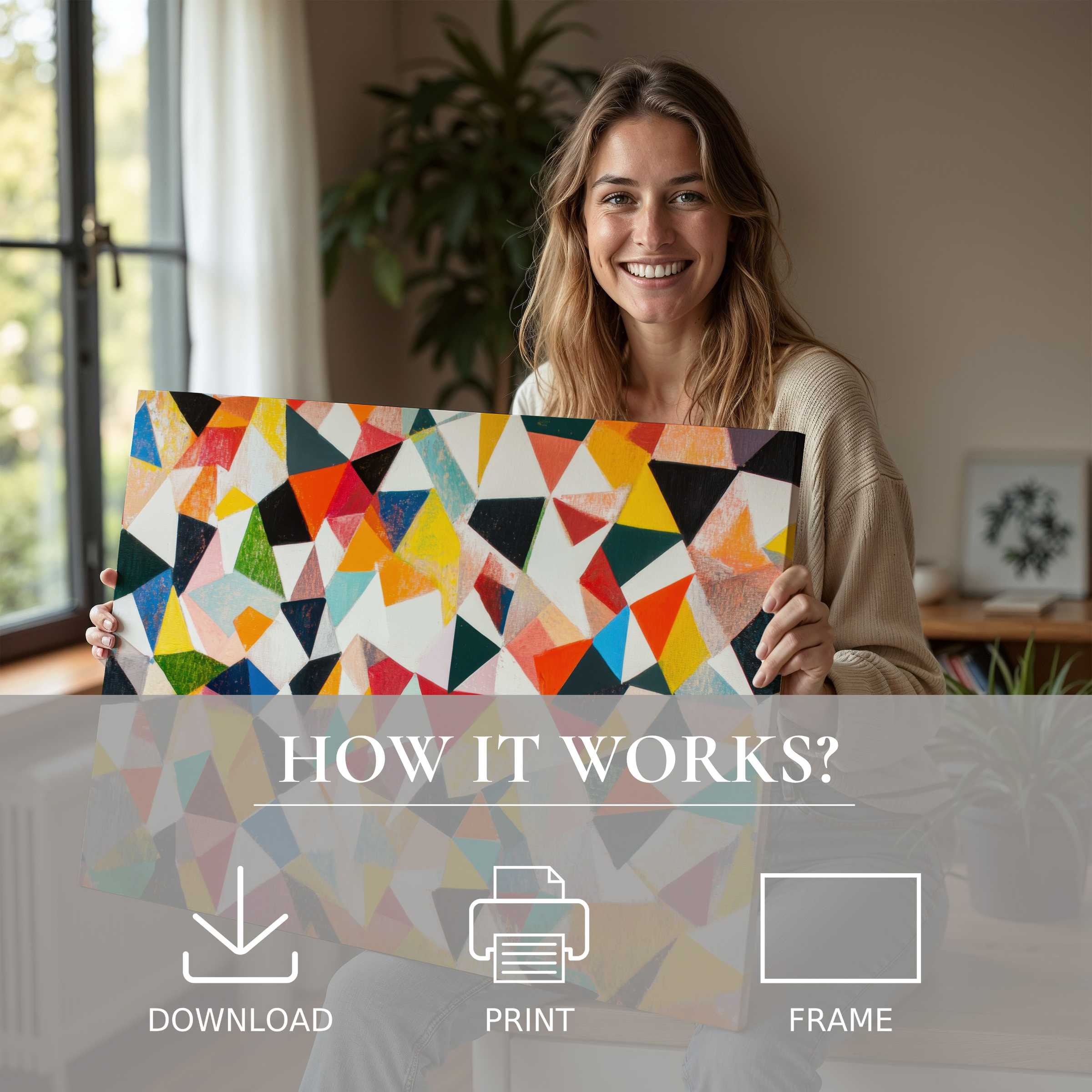 Bright, joyful moment in a modern home showcasing a vibrant minimalist digital art print transforming daily living spaces with ease