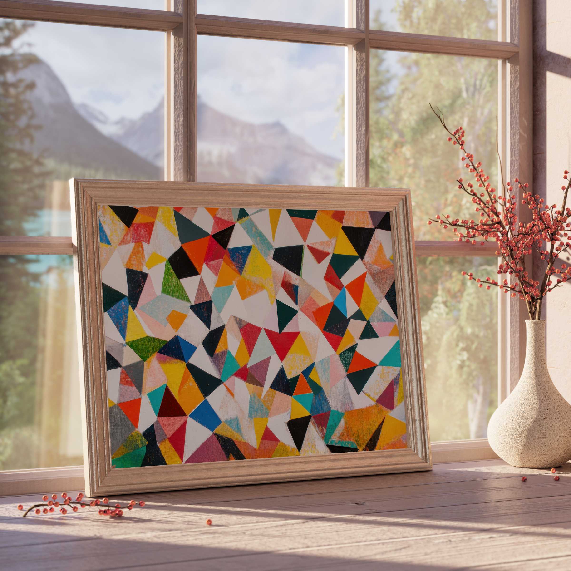 Vibrant minimalist downloadable art featuring dynamic geometric shapes, enhancing curated modern interiors with bold, joyful energy