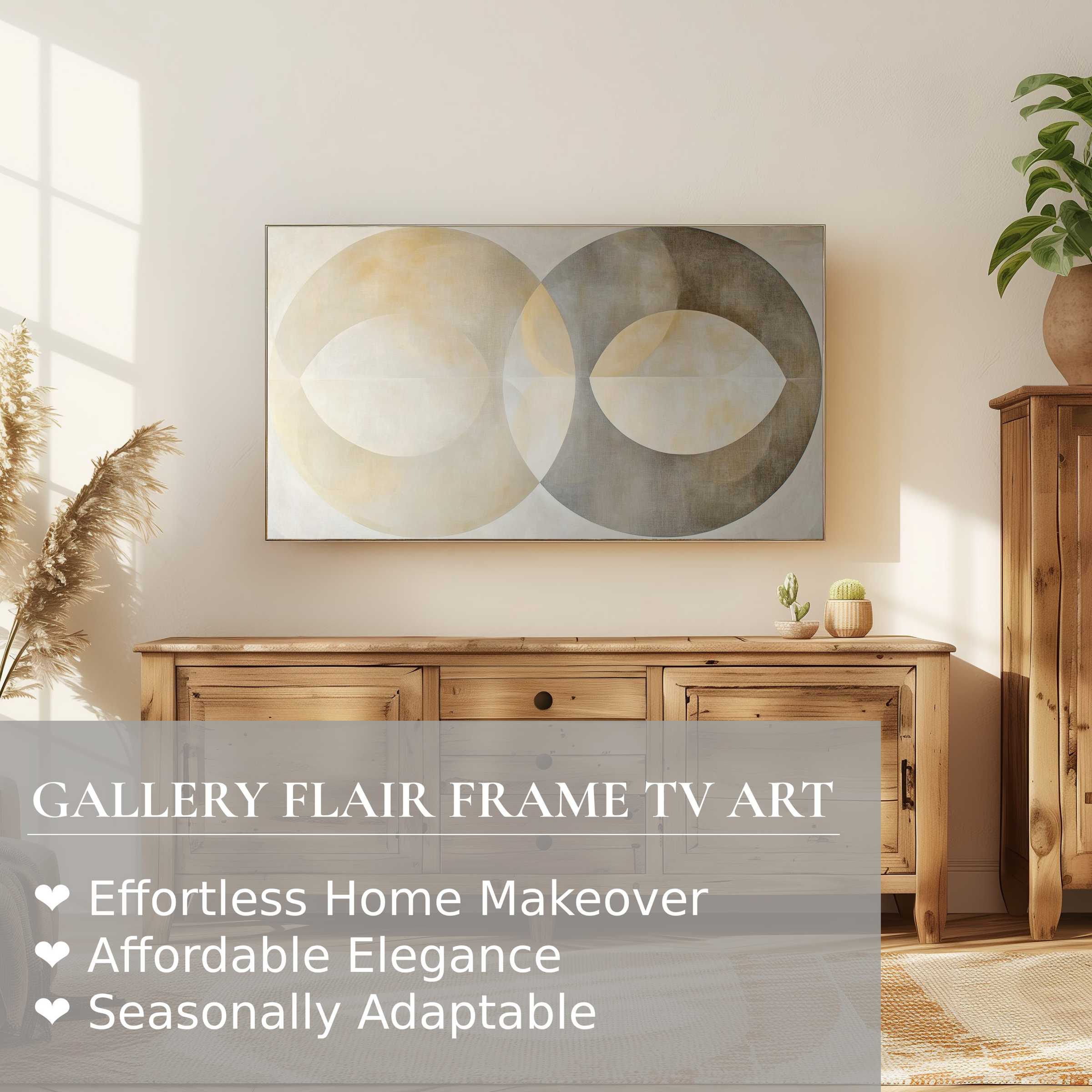 Samsung Frame TV displaying neutral digital artwork, modern gallery style in warm, natural wood living space