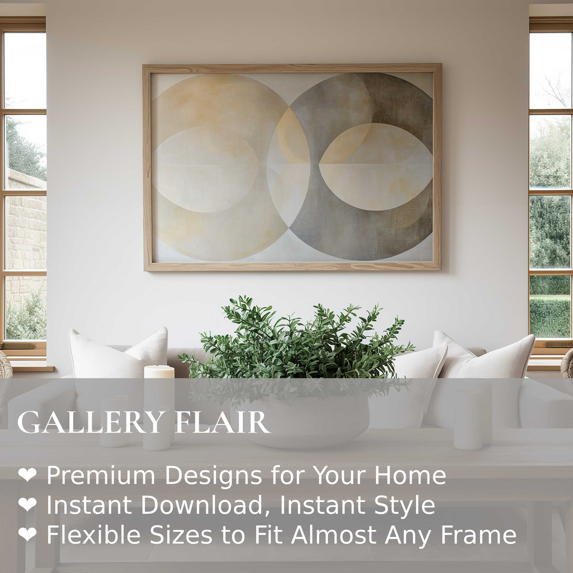 Neutral wall art print featuring soft overlapping circles in muted beige and gray tones, radiating calm and balance Elevates modern minimalist interiors with refined warmth and subtle geometric elegance, ideal for serene living spaces and contemporary decor
