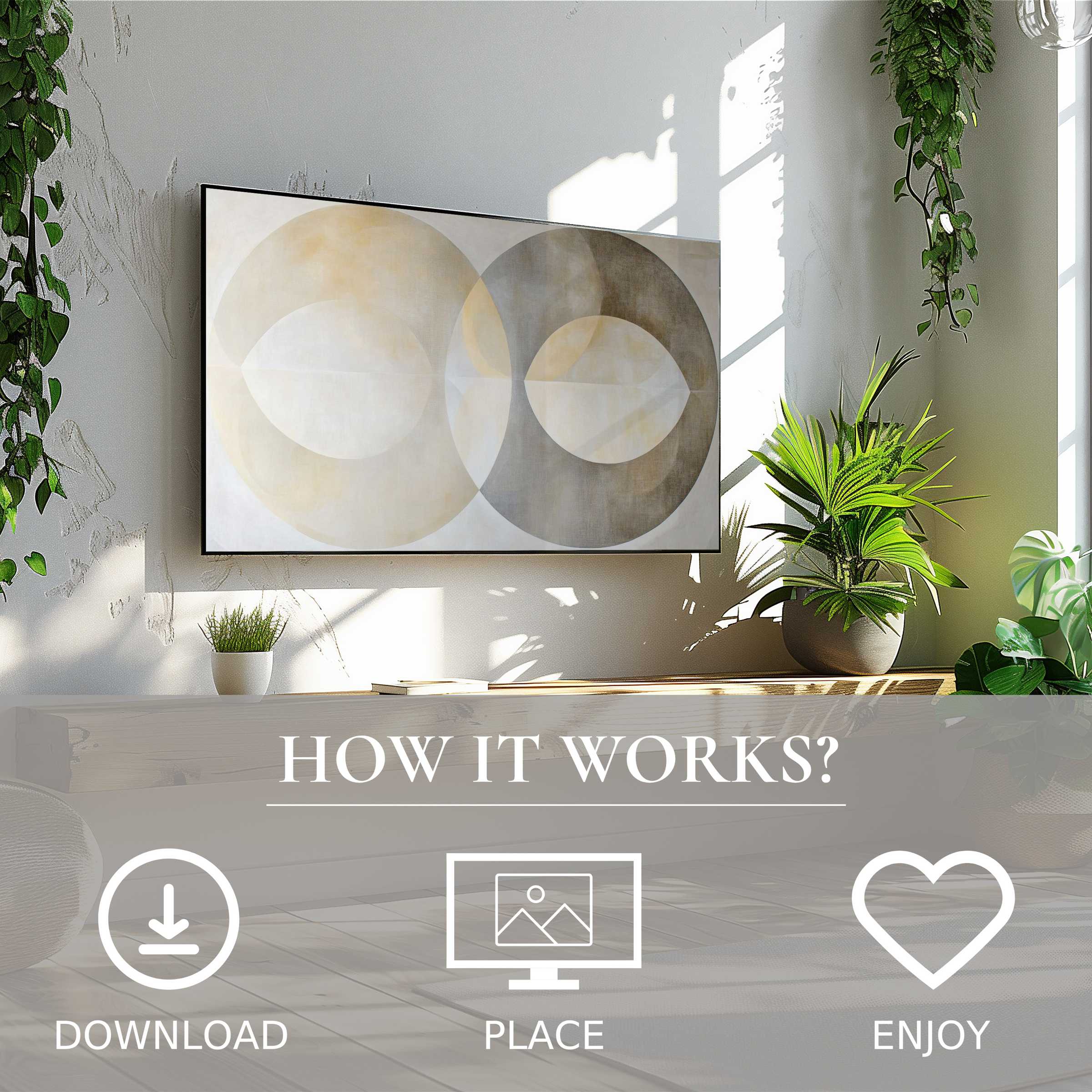 Neutral art for Samsung TV showing soft beige and gray overlapping circles; easy digital download enriches any space