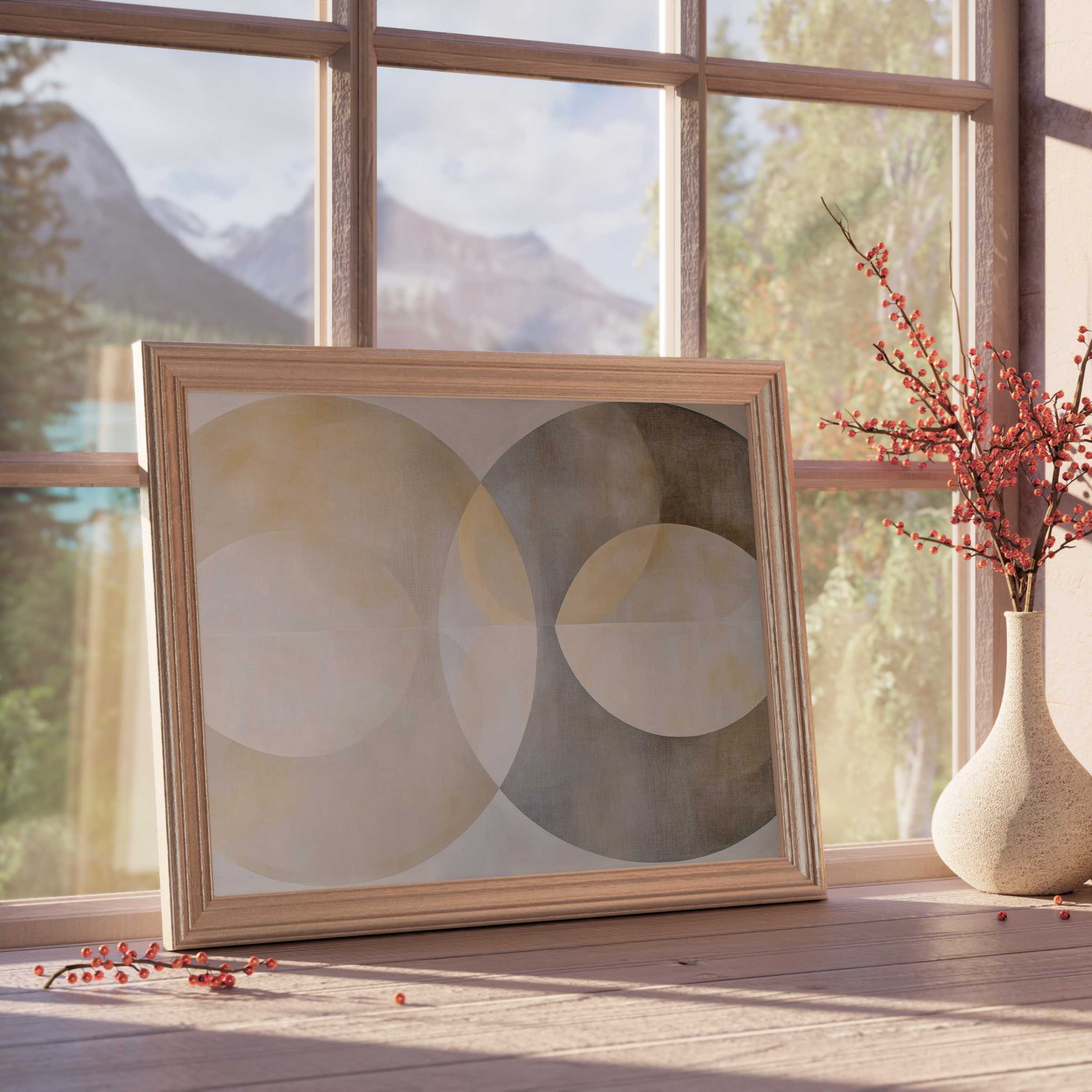 Neutral downloadable art featuring soft overlapping circles in warm beige and muted taupe, elevating tranquil, curated interiors with timeless minimalist elegance and sophisticated geometric balance