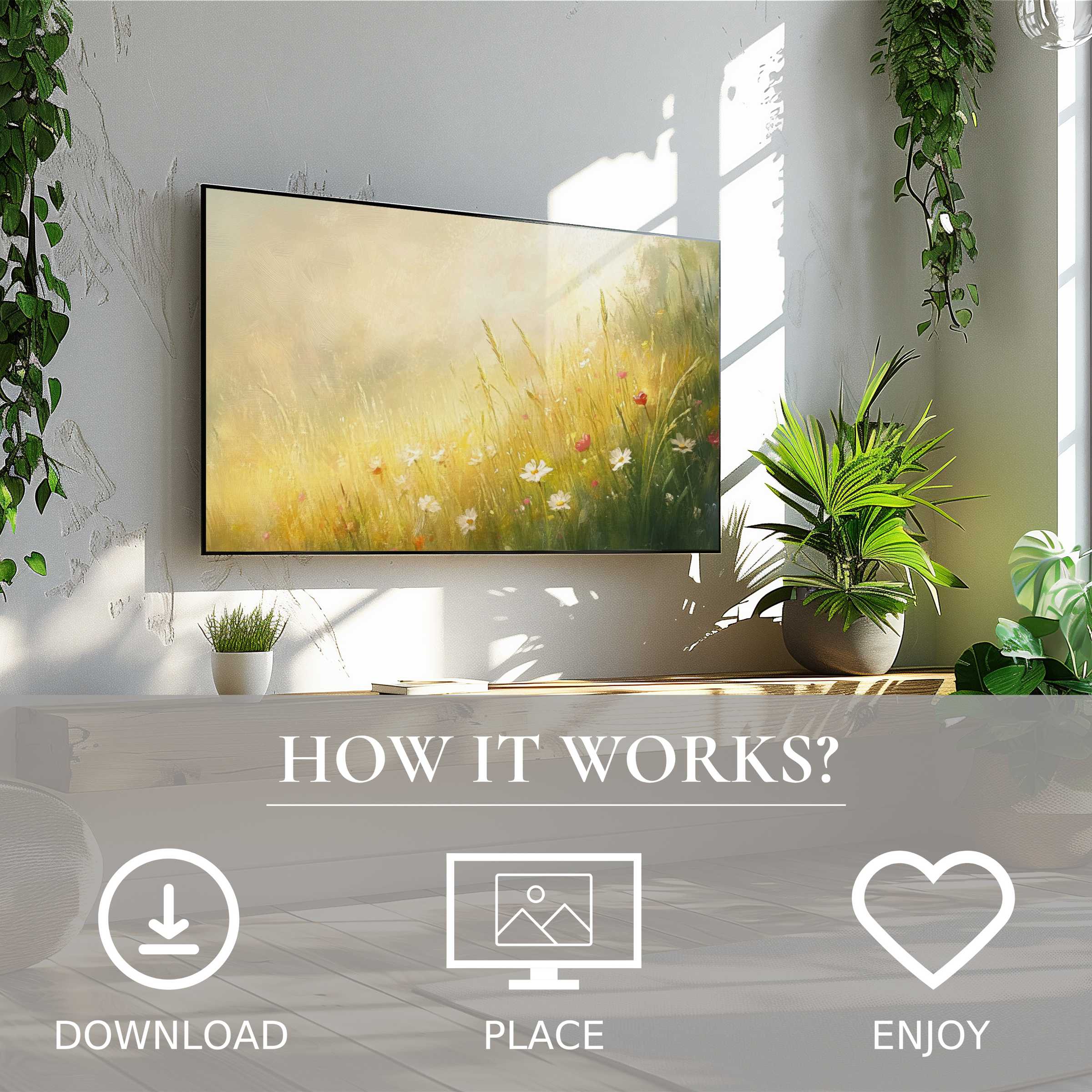 Landscape art for Samsung TV shows soft sunset tones with wildflowers, easily downloadable to enrich modern living spaces