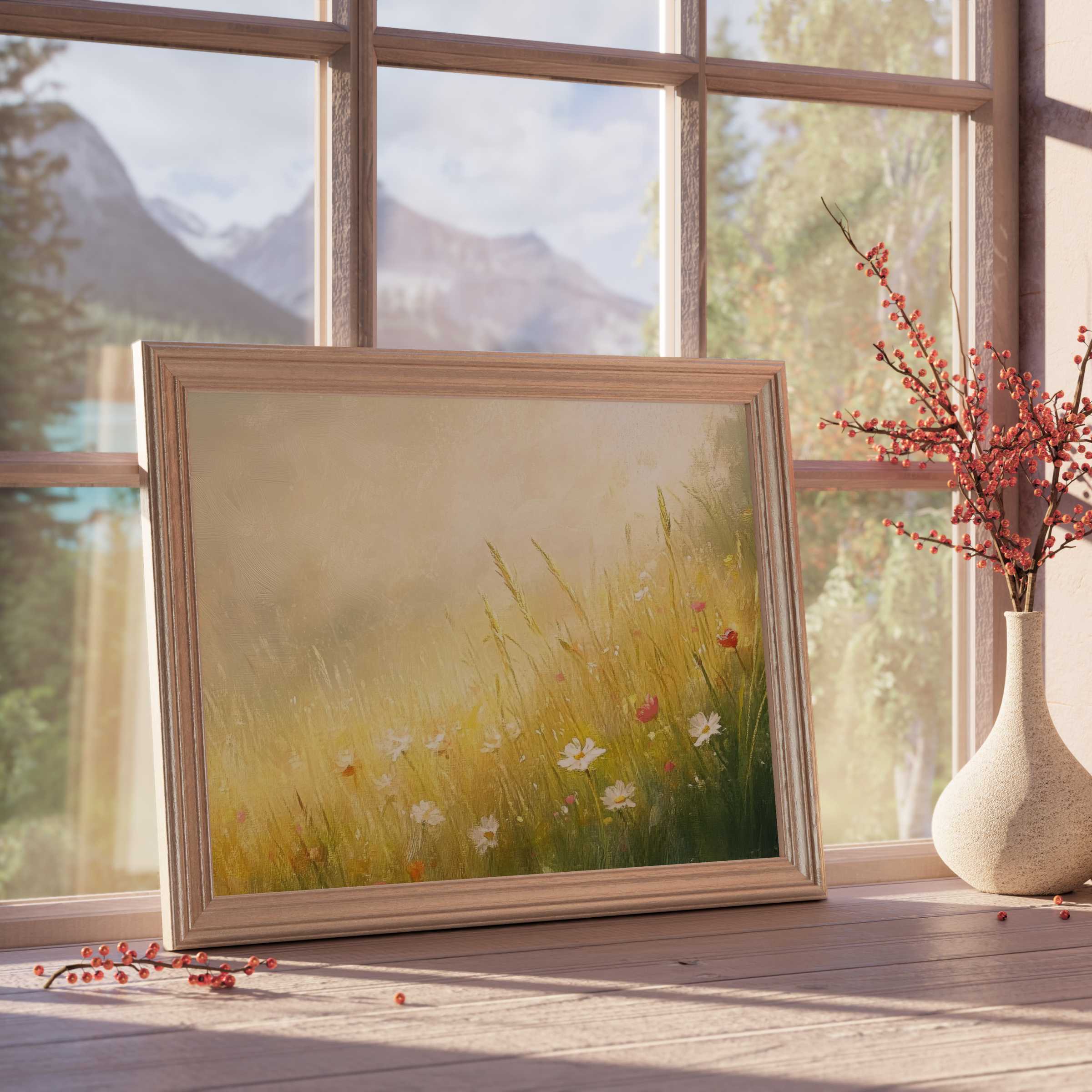 Sunlit landscape downloadable art capturing a serene meadow with wildflowers, perfect for calming, curated interiors