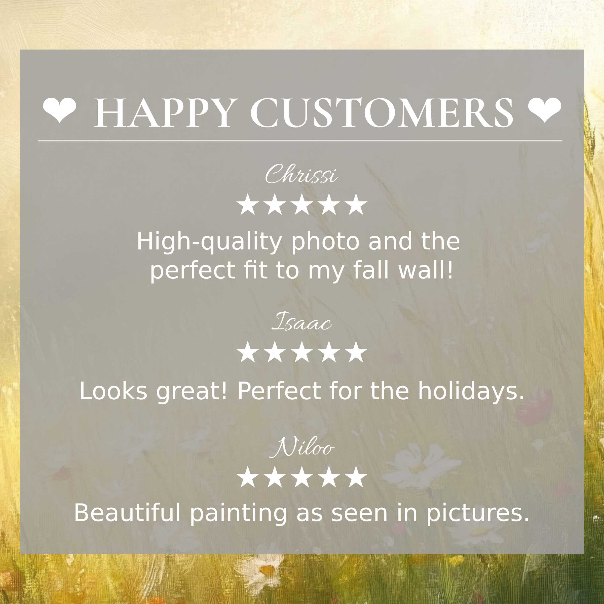 Testimonials from happy customers highlight landscape art for Frame TV with elegant floral background colors