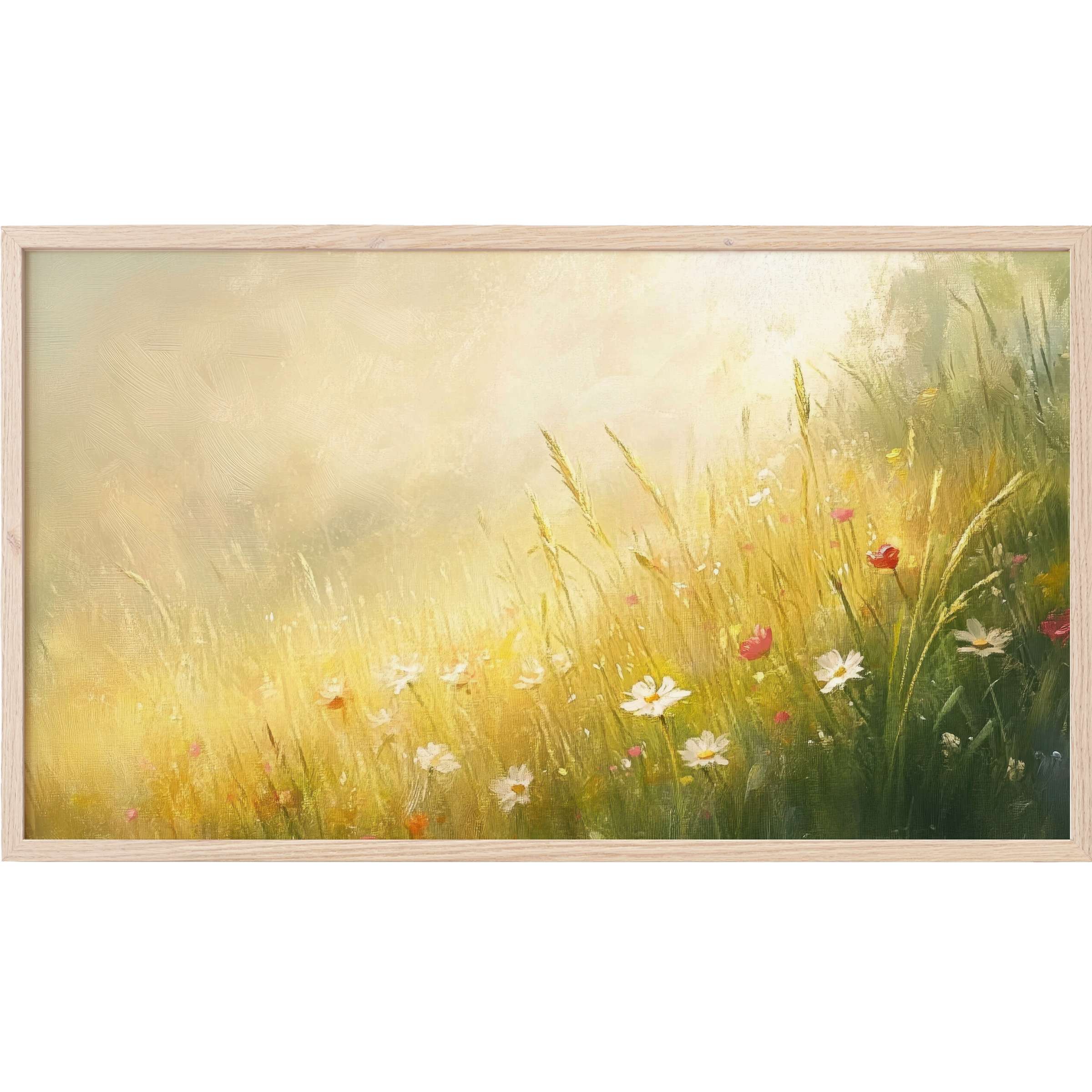 Softly lit wildflower meadow in warm yellows and greens, an elegant landscape Frame TV Art for modern homes