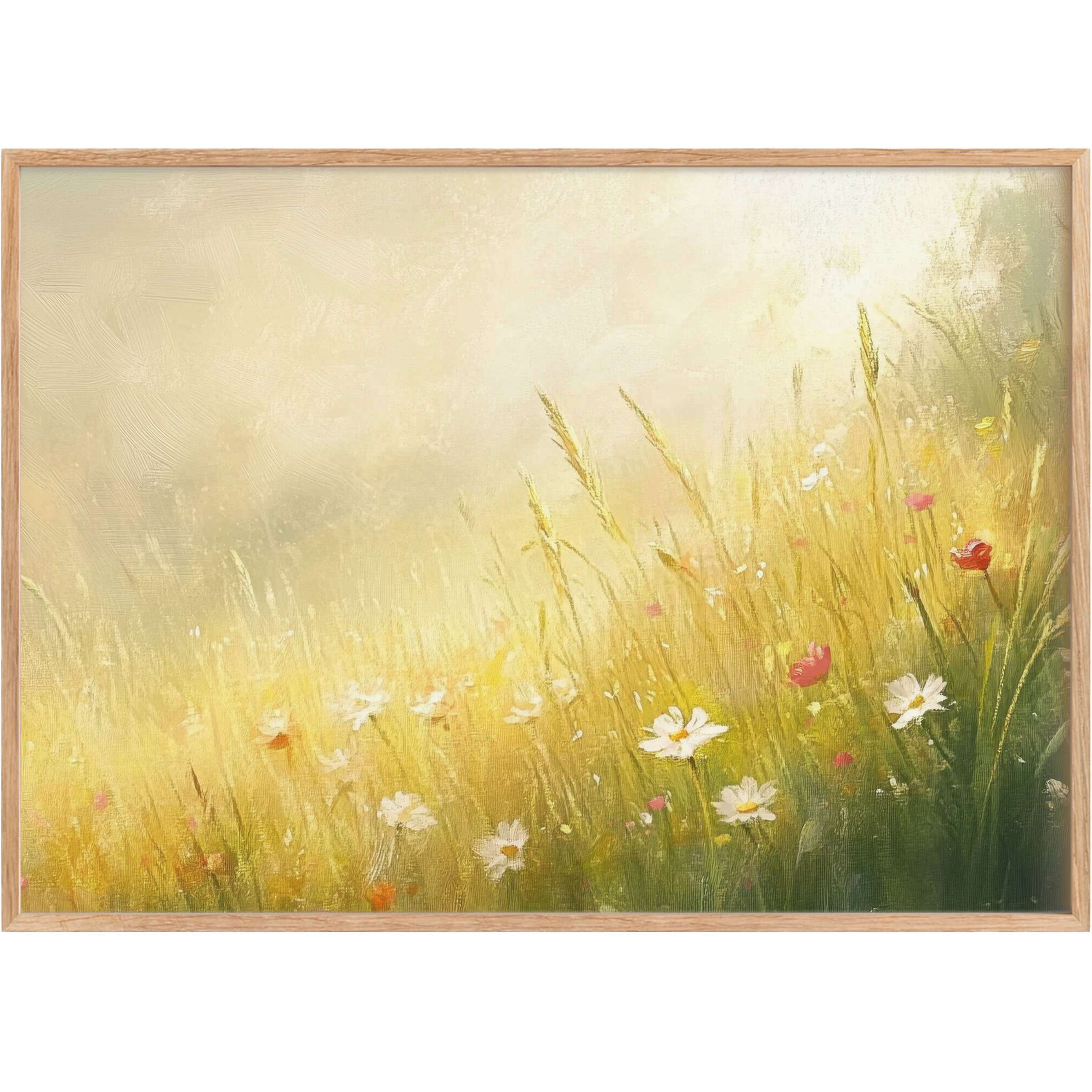 Golden sunlight filters through a serene wildflower meadow, evoking warmth and tranquility in this landscape printable wall art