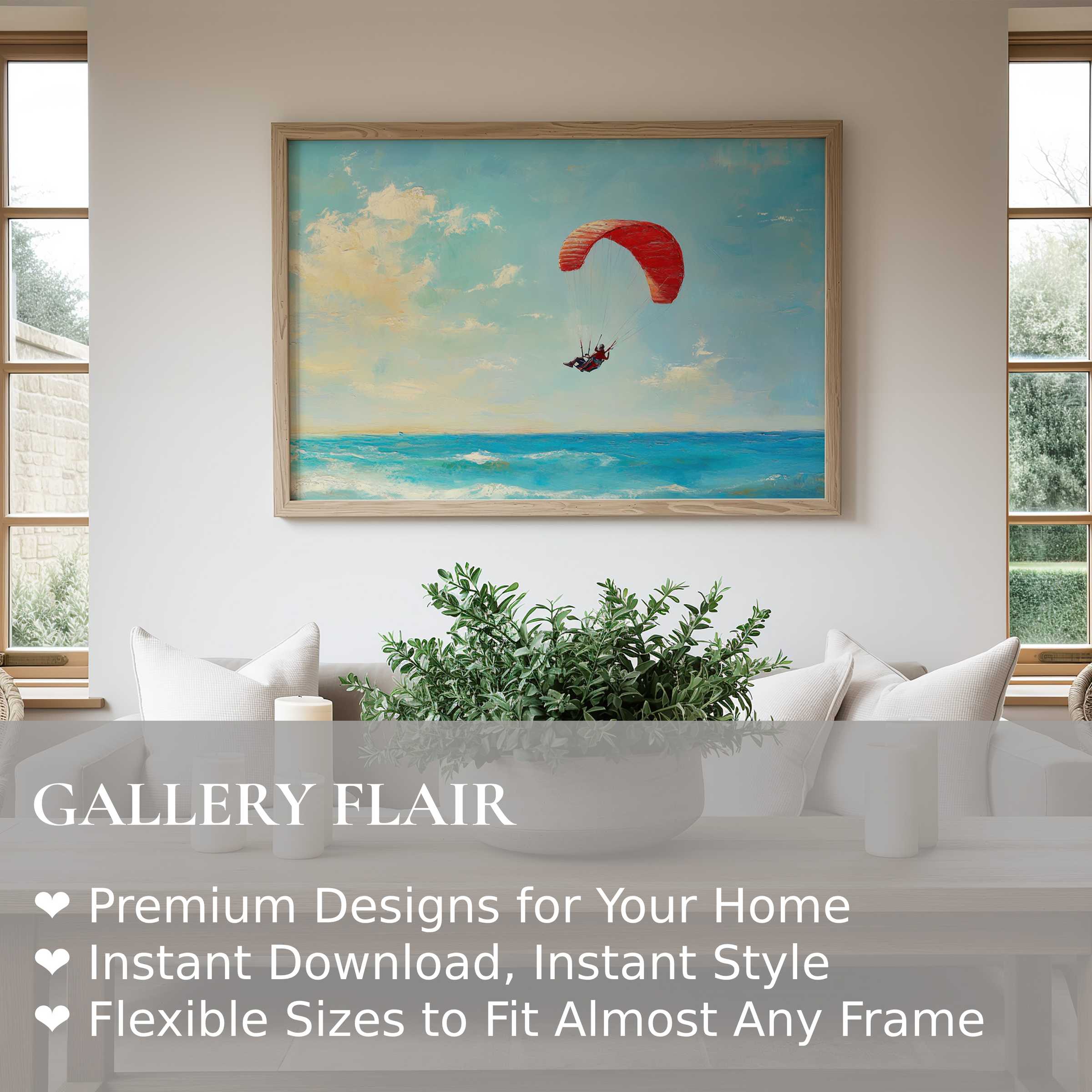 Beach wall art print capturing a radiant seascape with a vibrant red paraglider, enhancing modern coastal interiors with calming energy