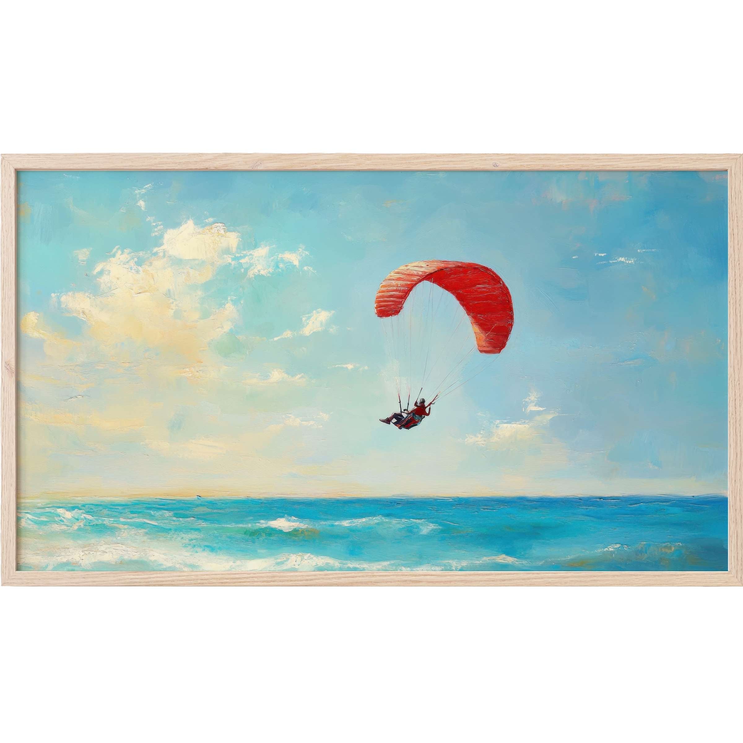 Beach Frame TV Art depicting a vibrant red parachute over turquoise waves and soft pastel sky in a modern style
