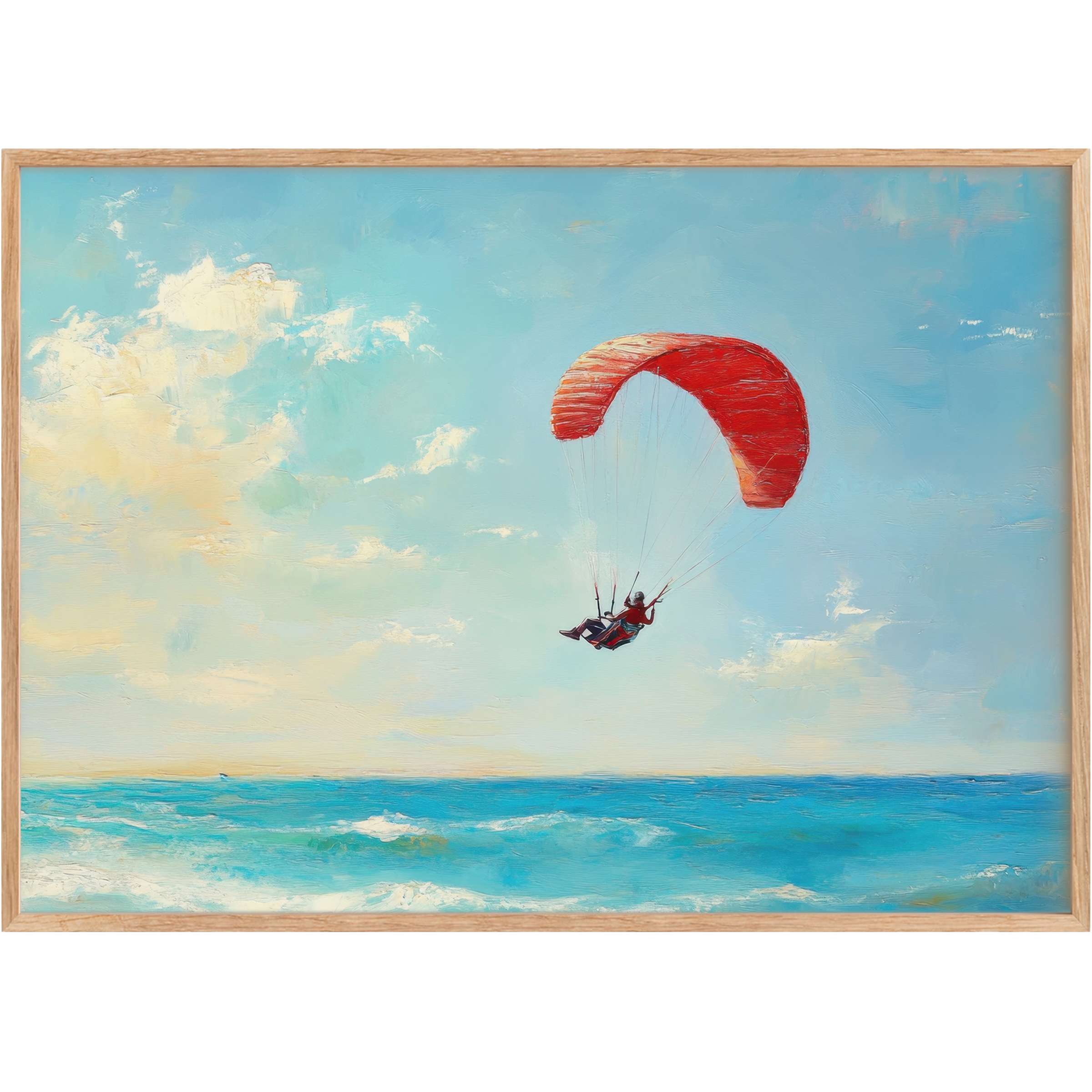 Beach printable wall art captures a vibrant red paraglider soaring over serene turquoise waves, evoking exhilarating freedom and coastal calm