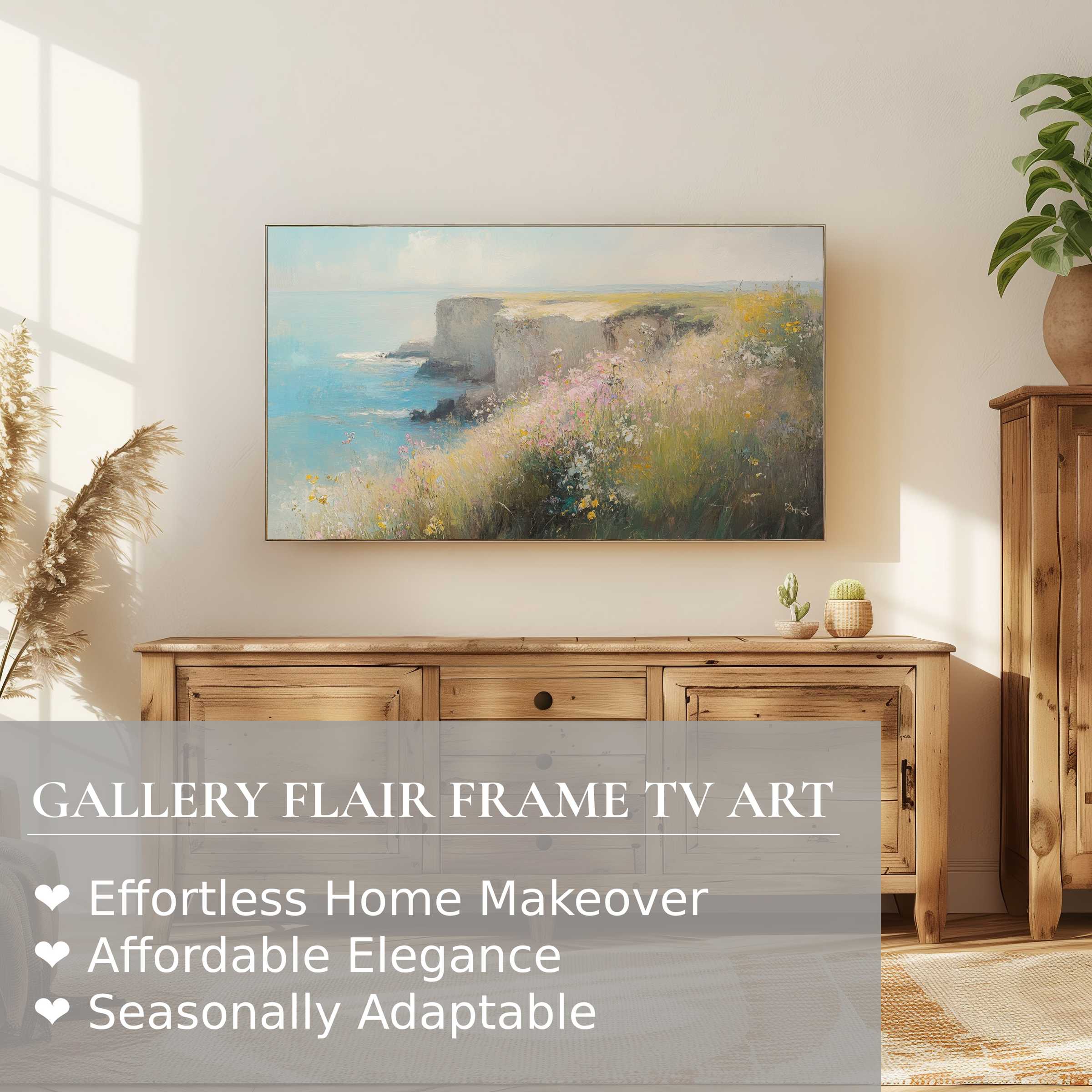 Samsung Frame TV displays refined summer digital artwork of coastal cliffs and wildflowers in soft, elegant hues