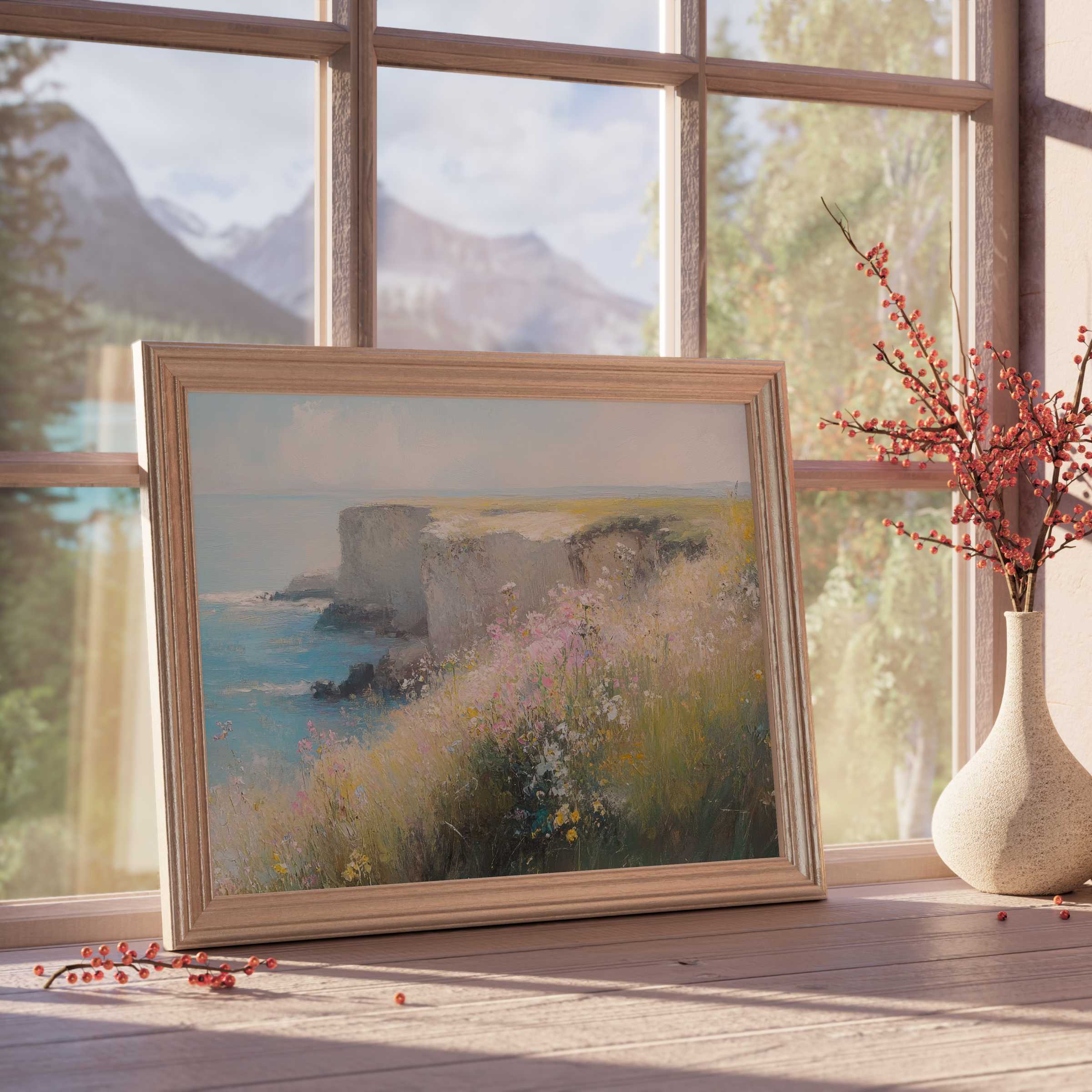 Summer downloadable art capturing serene coastal cliffs and wildflowers, enhancing tranquil, design-forward interiors with warm, curated elegance