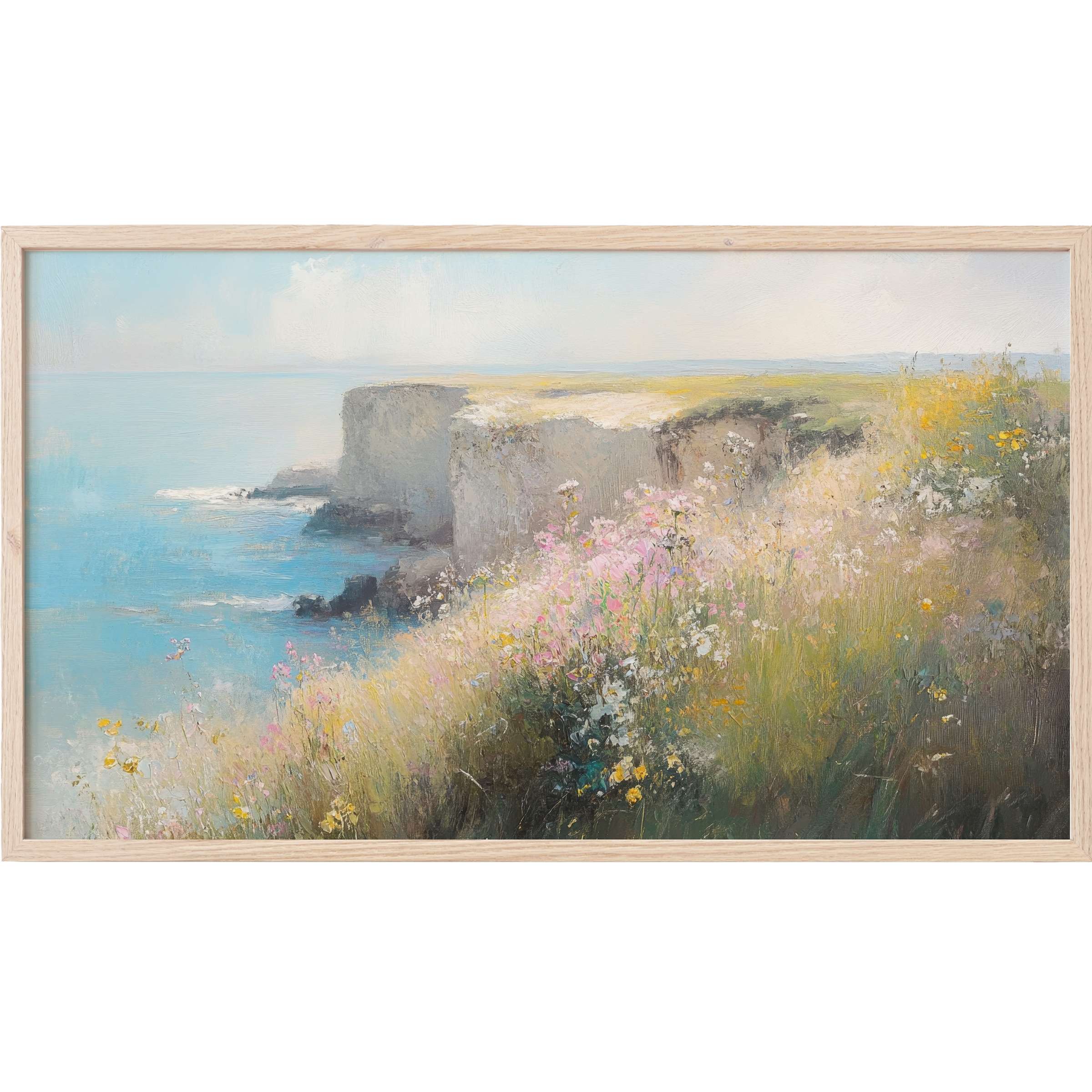 Summer Frame TV Art featuring soft cliffs and wildflowers in pastel hues, evoking serene coastal elegance
