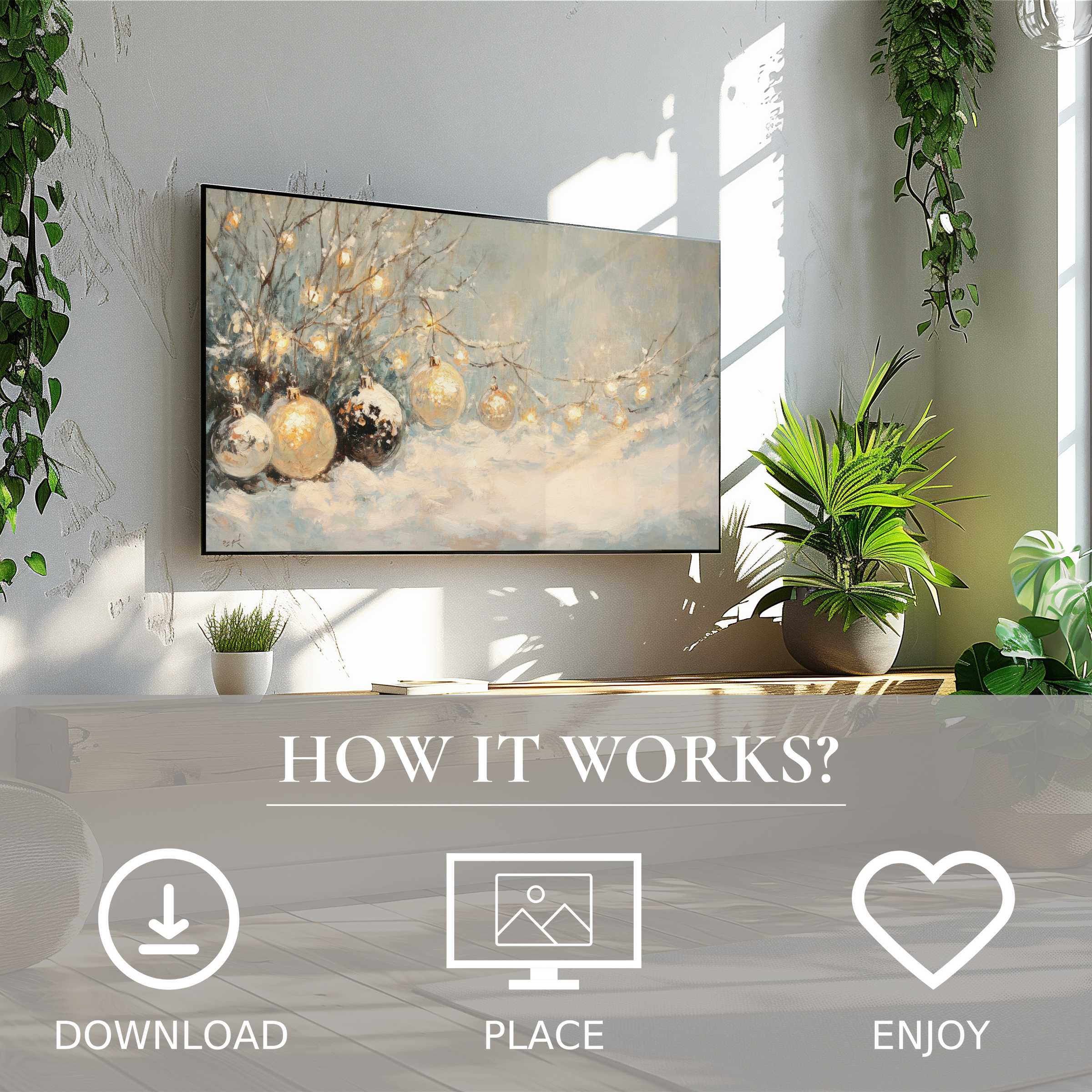 Minimalist living room with christmas art for Samsung TV; snowy gold ornaments glow, easy digital download enriches space
