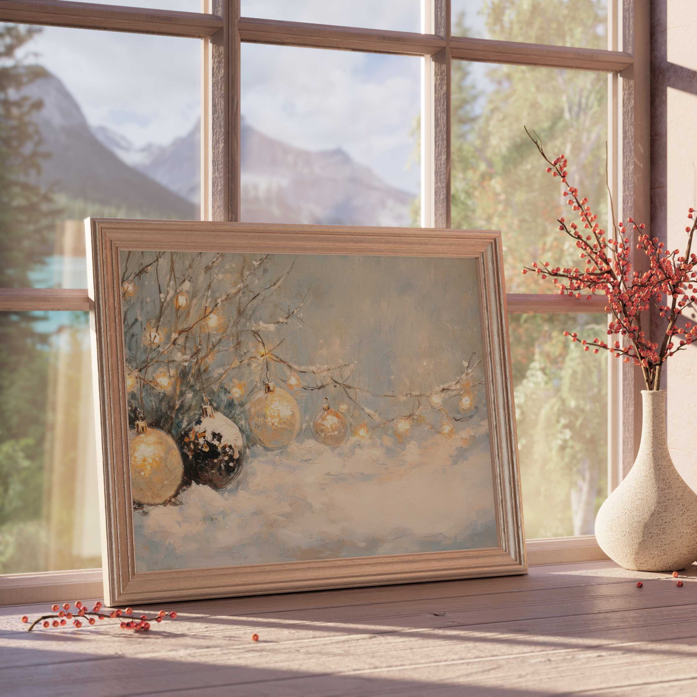 Elegant Christmas downloadable art capturing glowing ornaments and soft snow, perfect for serene, curated luxury interiors