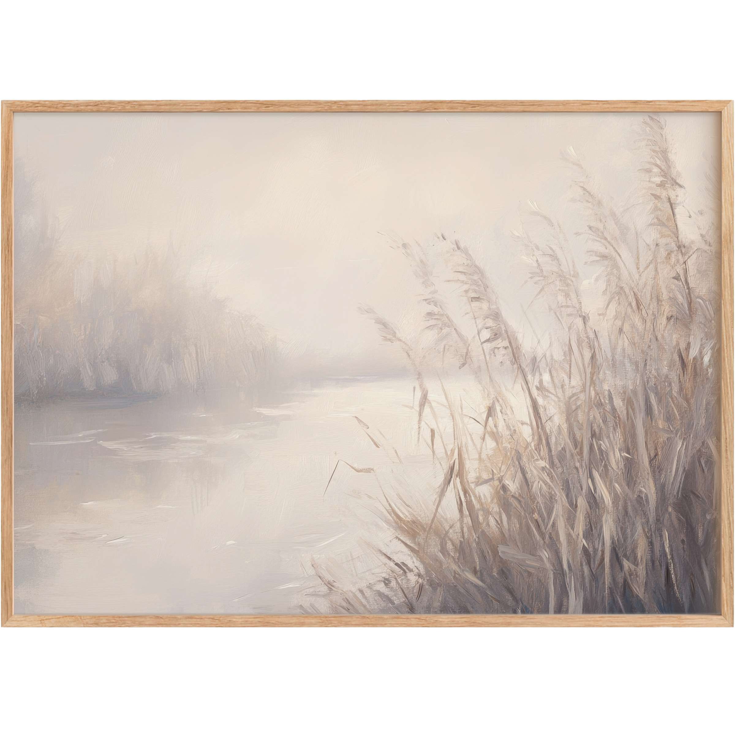 Vintage printable wall art capturing serene riverside reeds in soft beige and gray hues, evoking a calming, timeless atmosphere