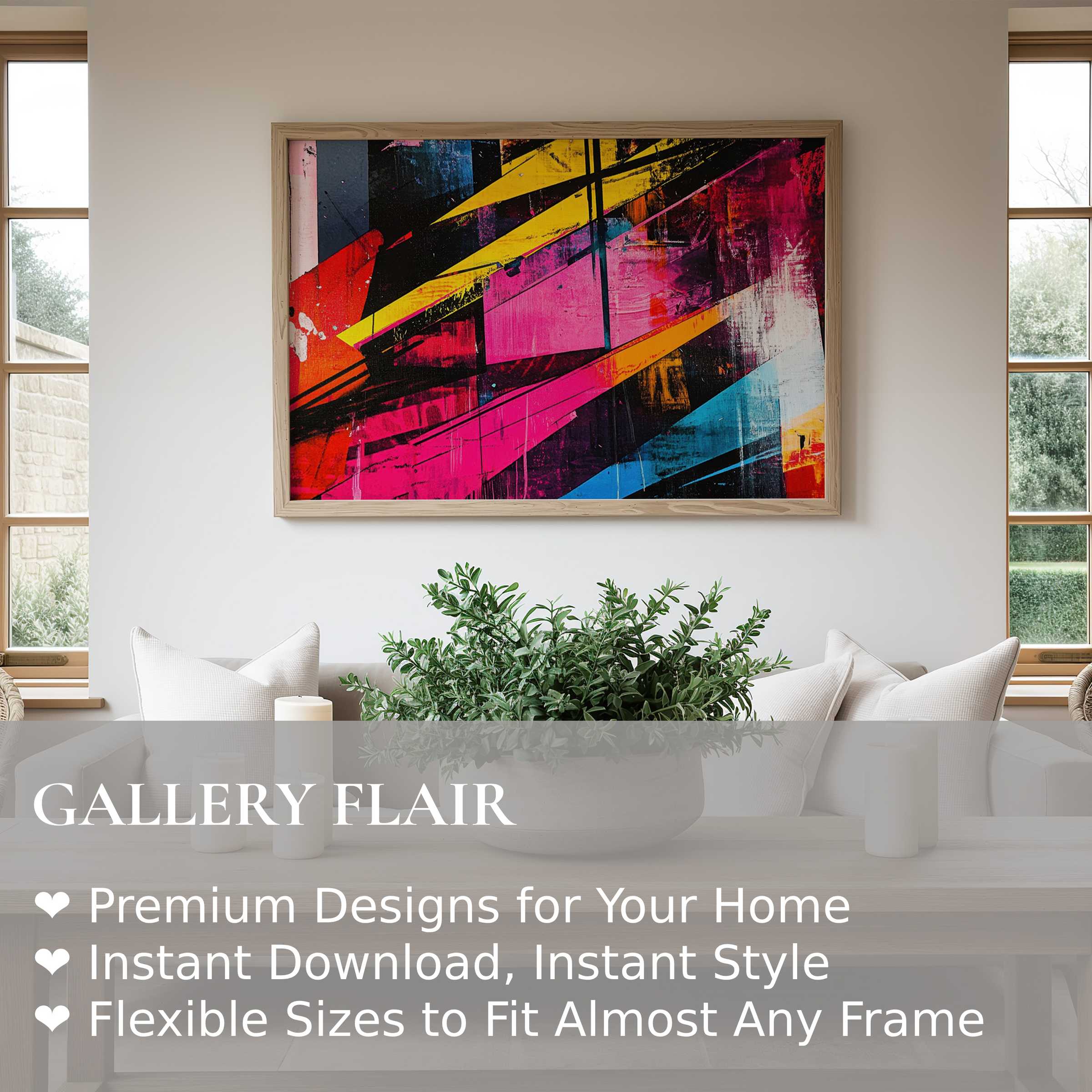 Vibrant pop art wall art print with bold geometric strokes in magenta, yellow, and blue energizes a modern, minimalist living space