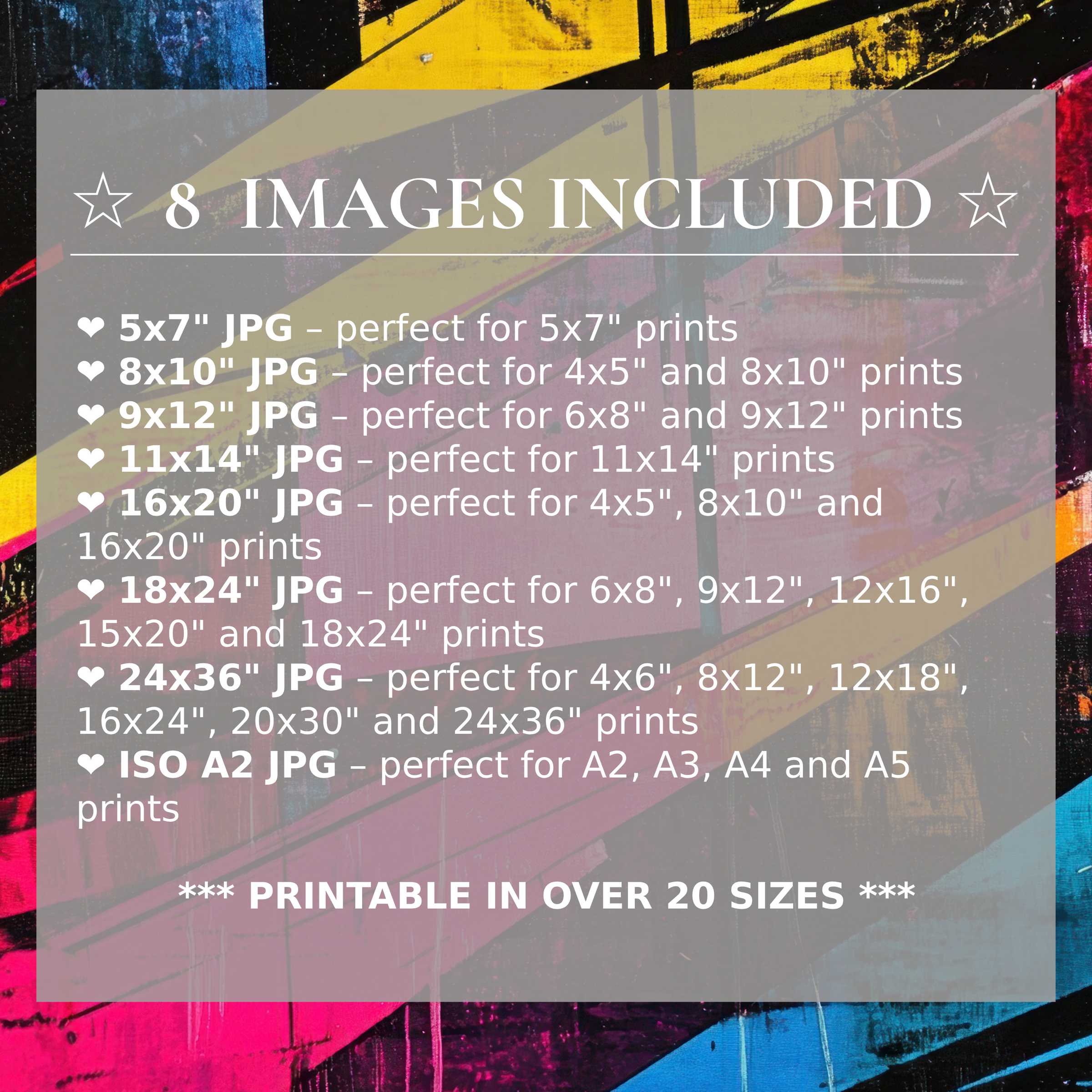 Pop art digital print in radiant yellow, deep blue, and bold magenta, delivered in 8 high-quality sizes with download-perfect for elevating modern interiors with versatile, sophisticated style