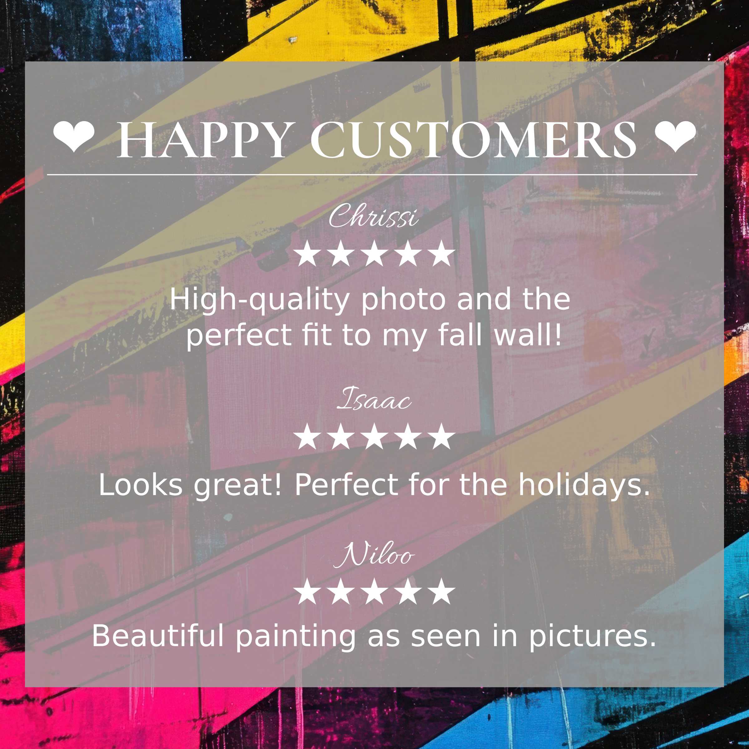 Pop art for Frame TV with abstract sunset hues; happy customer reviews build trust and highlight elegance