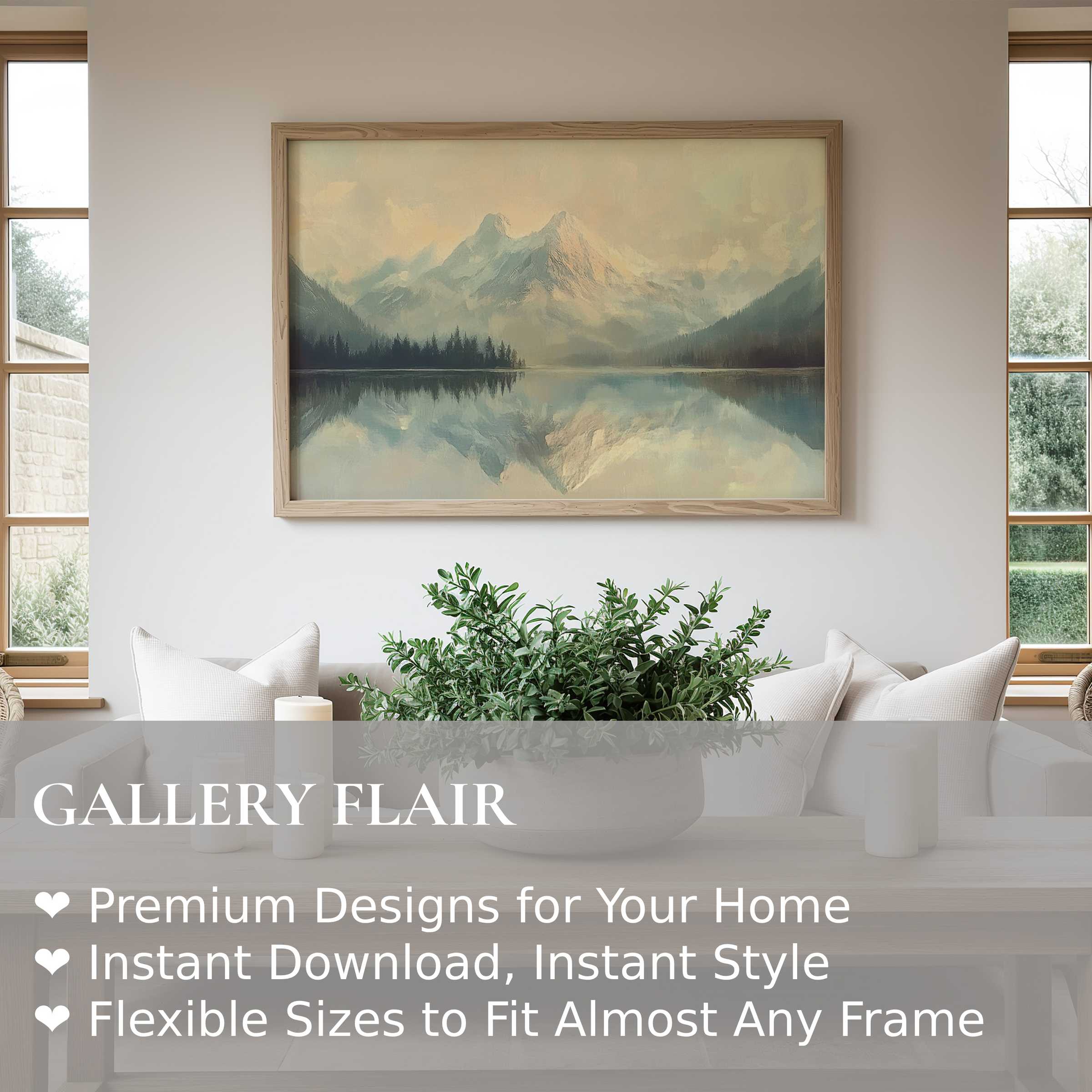 Winter wall art print featuring serene mountain reflections in muted tones, enhancing minimalist, contemporary living spaces with calming elegance