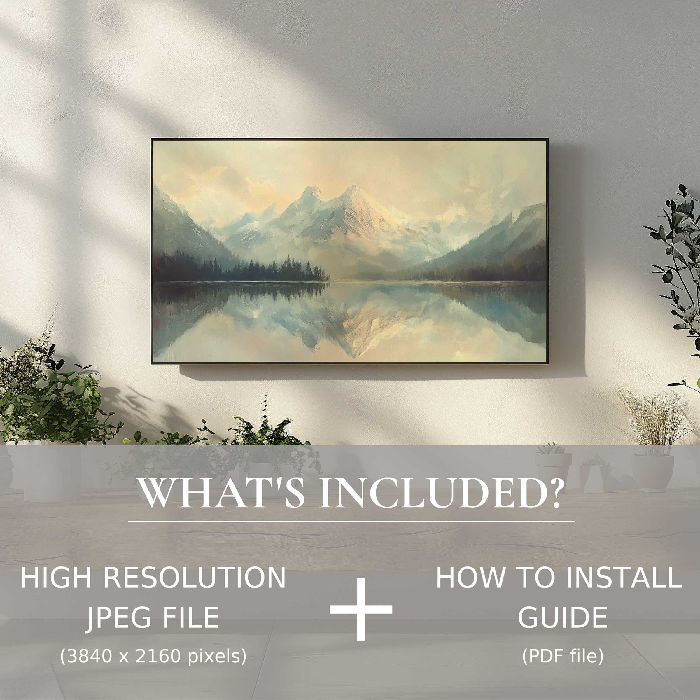 Elegant winter digital TV art download enhances living rooms with serene mountain scape; easy digital use included