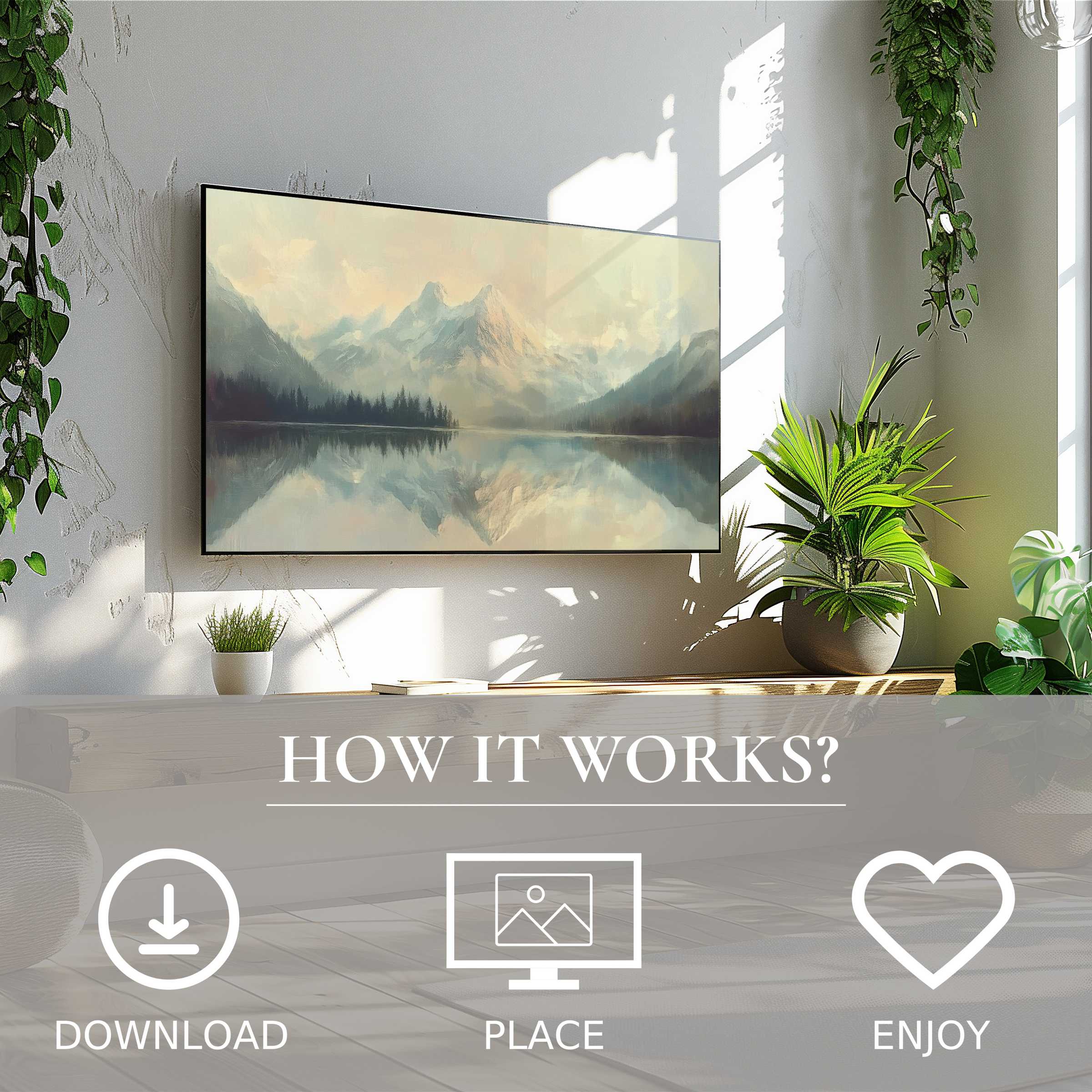 Winter art for Samsung TV showing soft mountain sunset tones; easy digital download enriches modern living spaces