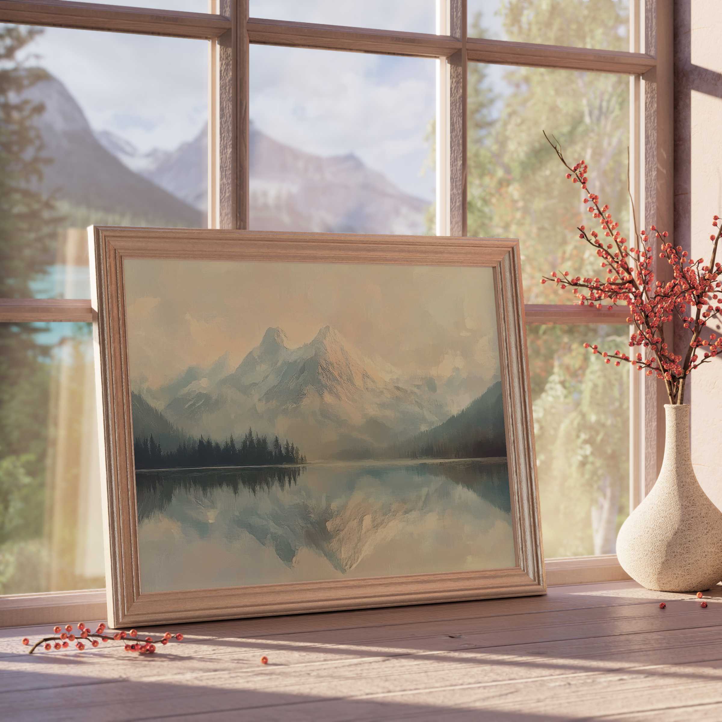 Winter downloadable art capturing serene snow-capped mountains reflected in tranquil lake, perfect for curated, elegant interiors