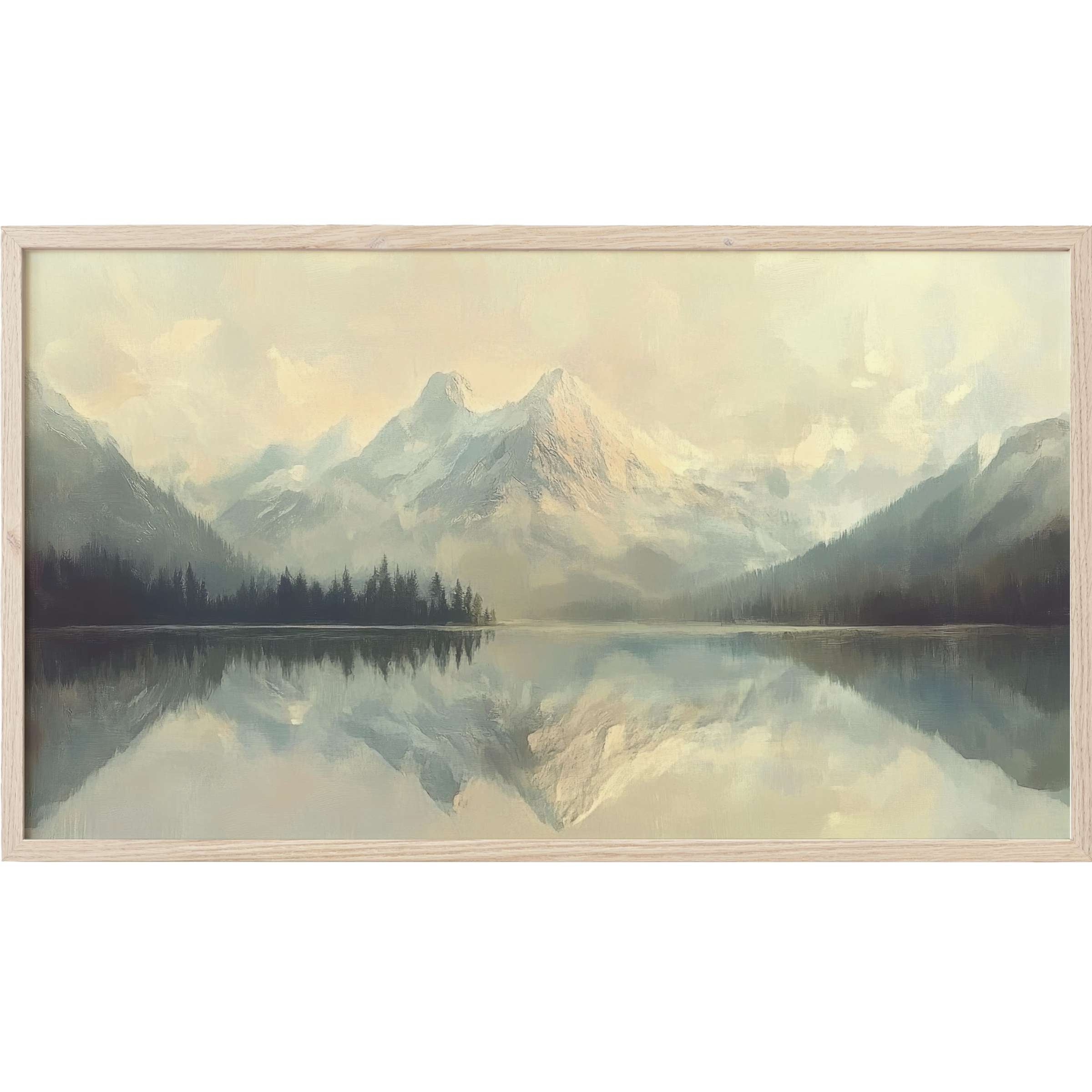 Winter Frame TV Art depicting serene snow-capped mountains mirrored in calm waters with soft muted blues and grays