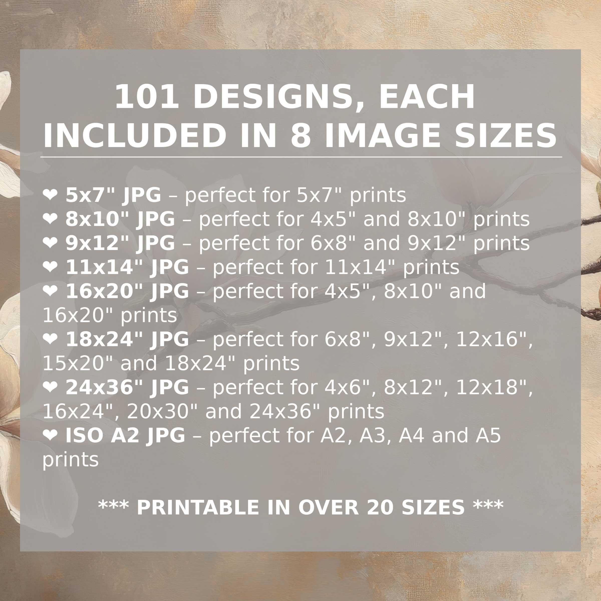 Floral Digital Art Prints Set, high-resolution crisp floral designs, 101 designs in multiple sizes — instant download