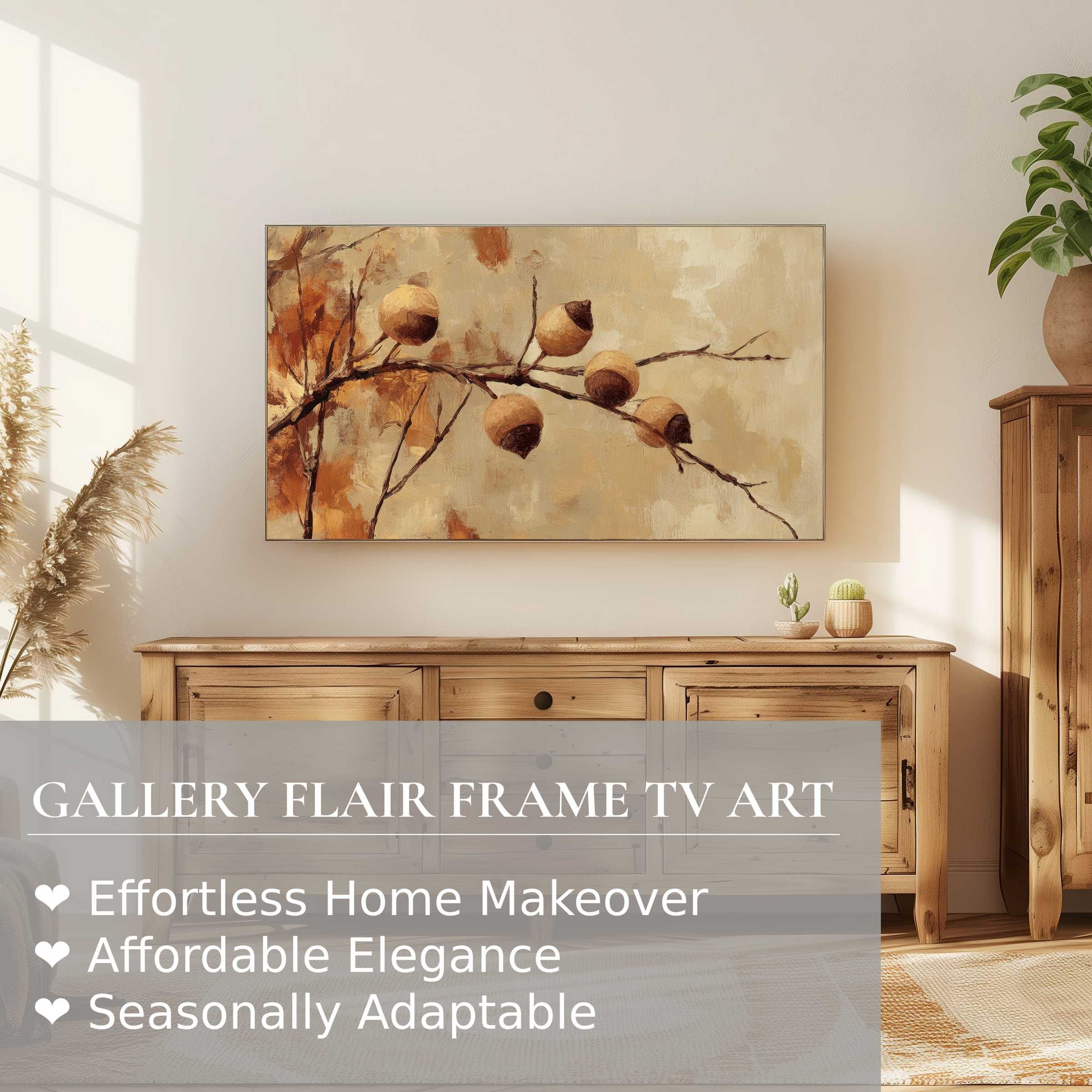 Warm painterly botanical digital artwork on Samsung Frame TV above rustic wood sideboard in elegant modern living room