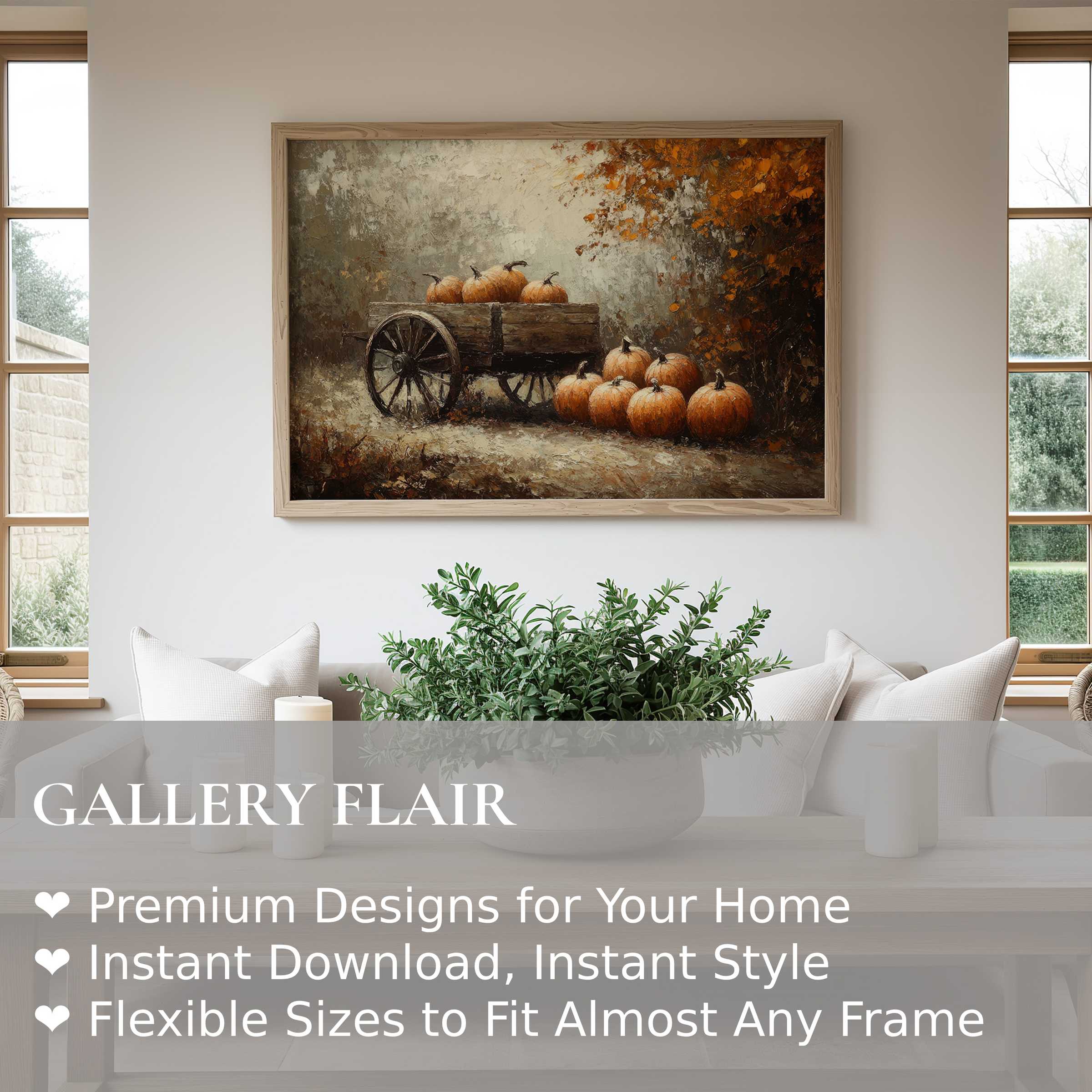 Fall wall art print of rustic pumpkins in a vintage wooden cart, radiating warm, inviting autumnal charm in a modern farmhouse living room