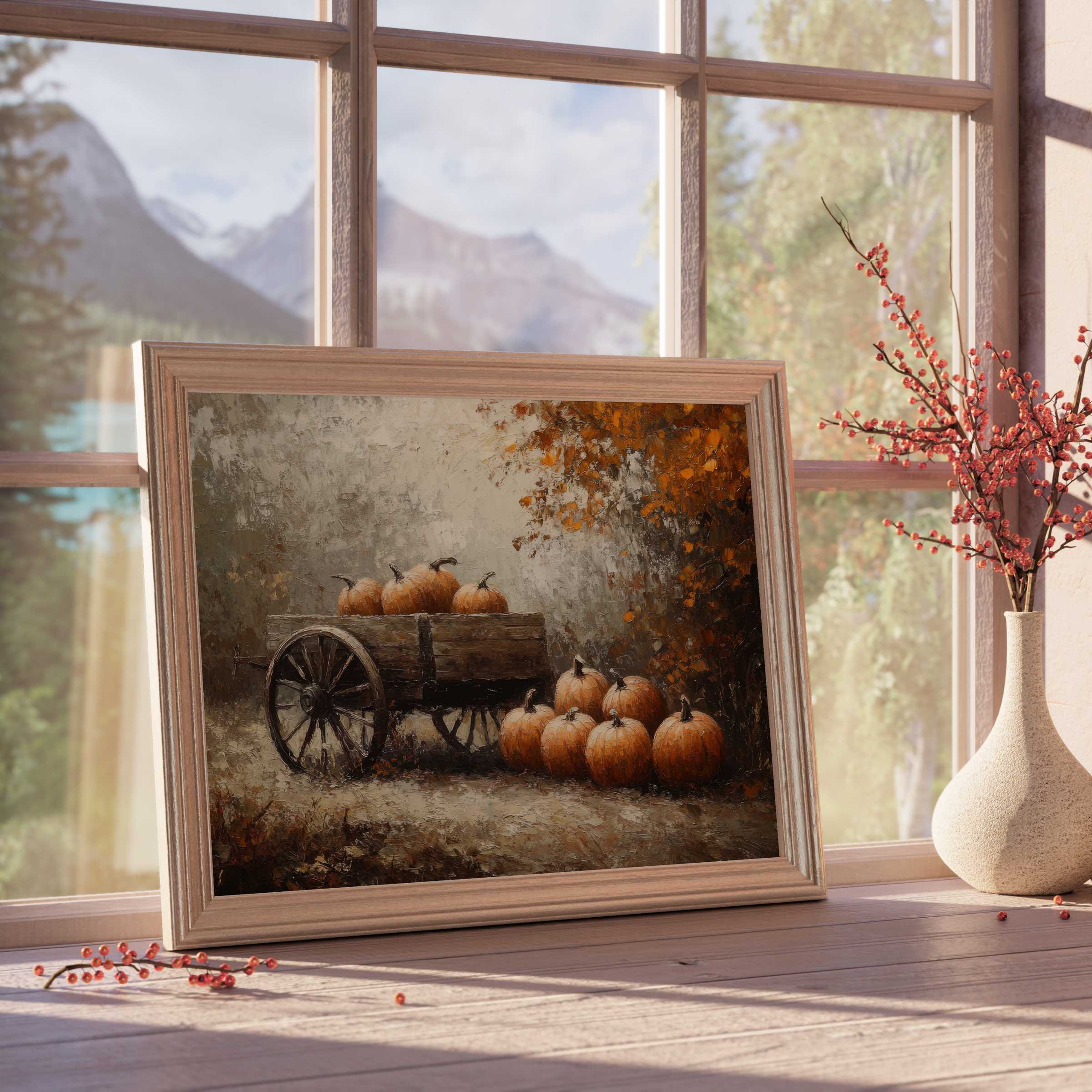 Fall downloadable art featuring a rustic pumpkin cart, radiating warm, tranquil vibes for curated, elegant interiors
