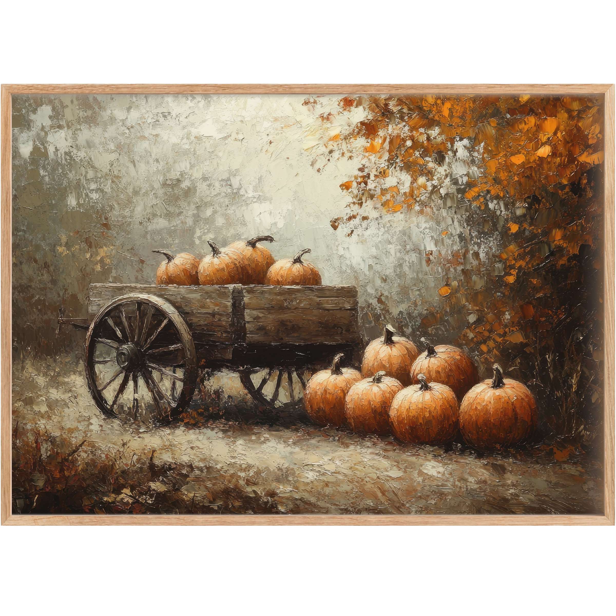 Rustic wooden cart brimming with pumpkins sets a radiant, warm tone in this fall printable wall art, enriched with golden ochres and earthy browns