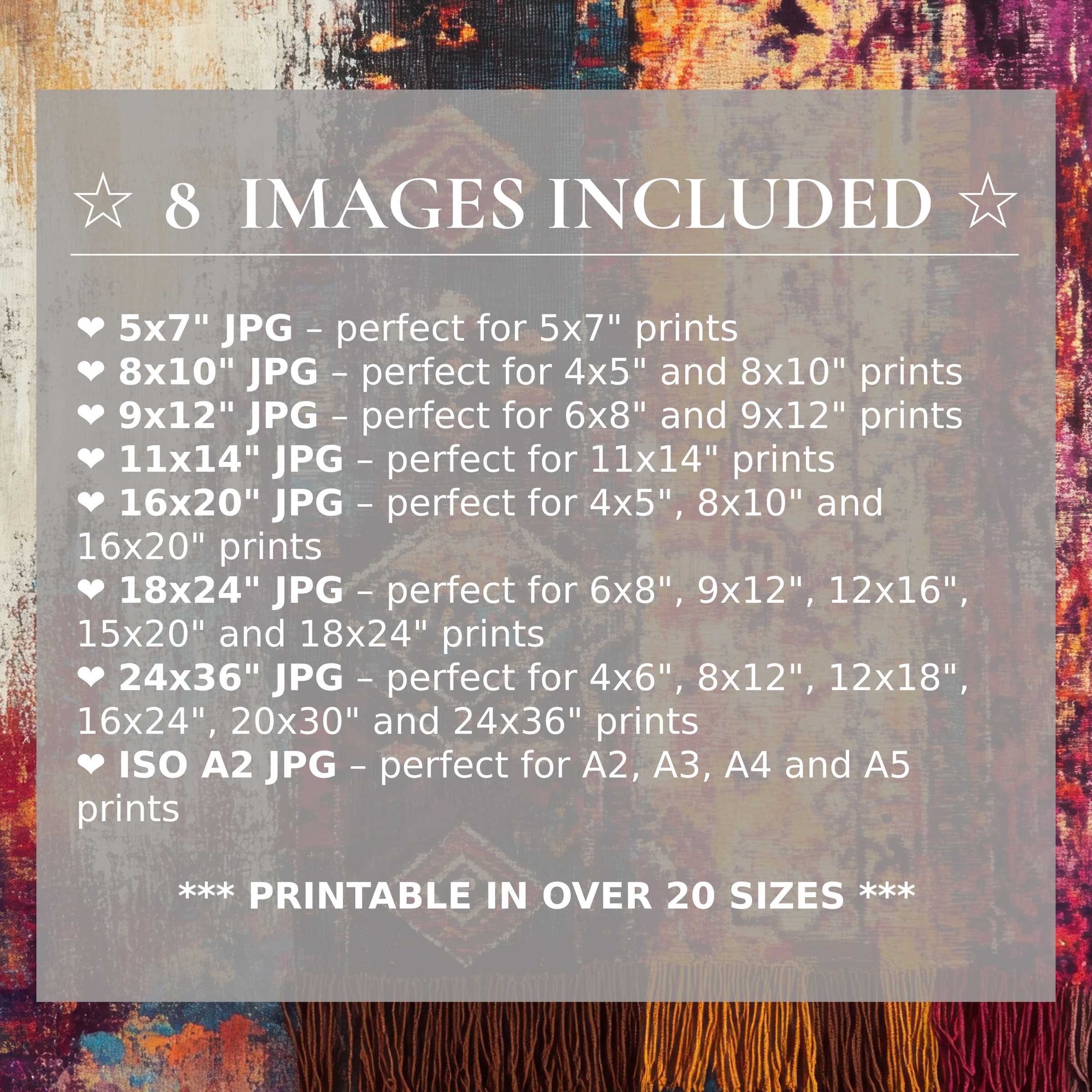 Boho digital print radiates deep burgundy, teal, and burnt orange hues, enhancing modern interiors with timeless elegance Includes 8 high-quality sizes