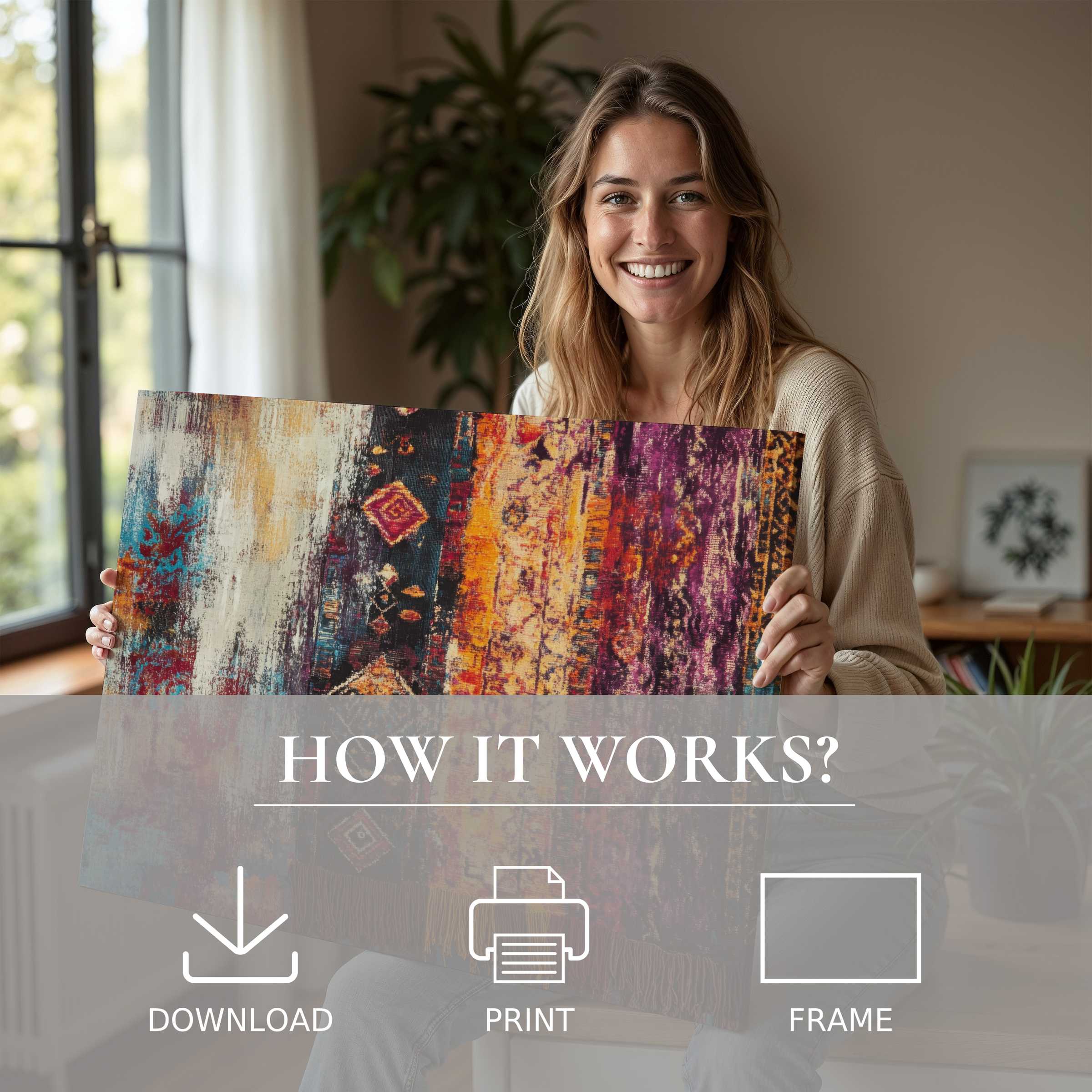 Refined boho digital art print radiates warmth and joy, enhancing a serene modern home through effortless style and connection