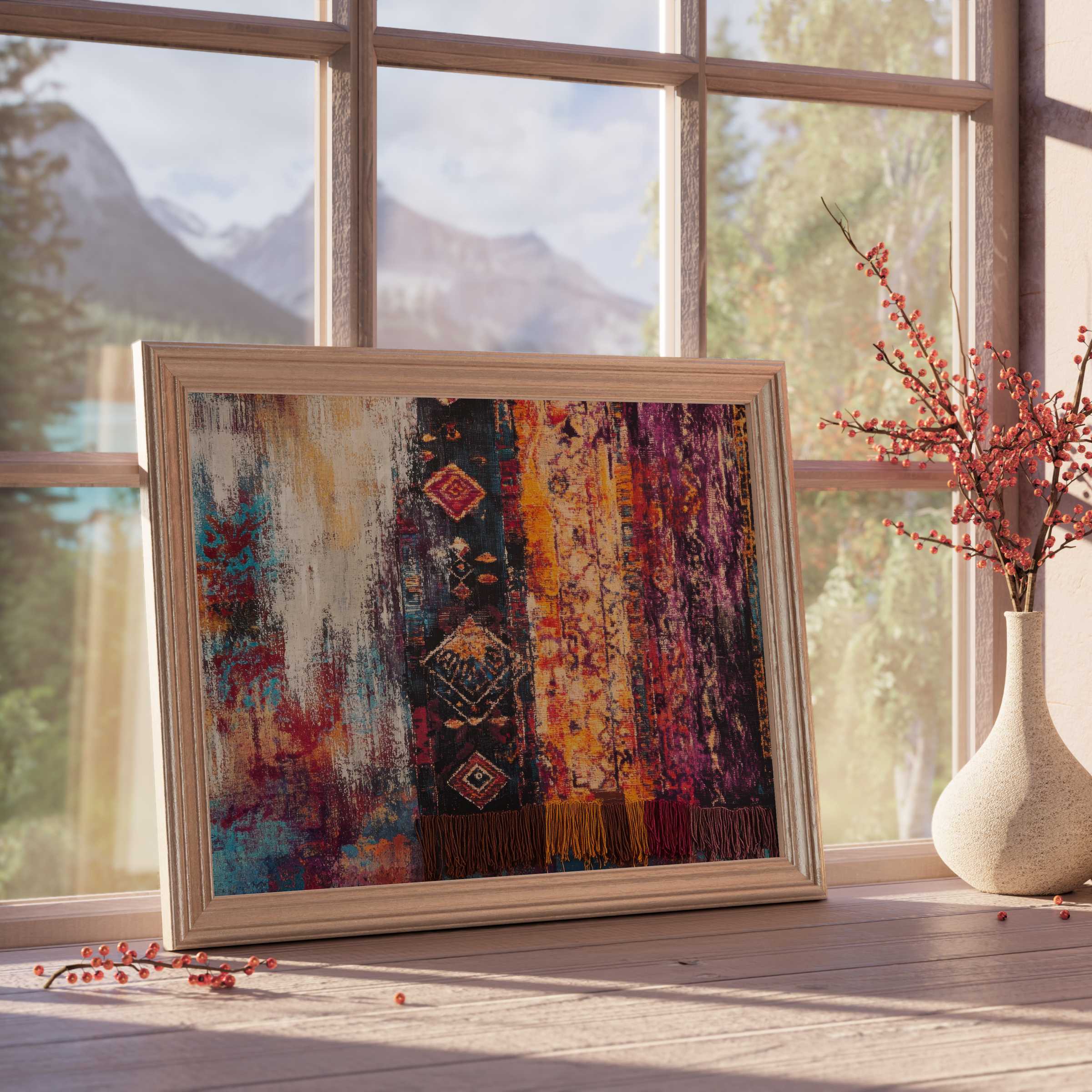 Boho downloadable art radiating warm earth tones and vibrant tribal patterns, perfect for curated, tranquil interiors