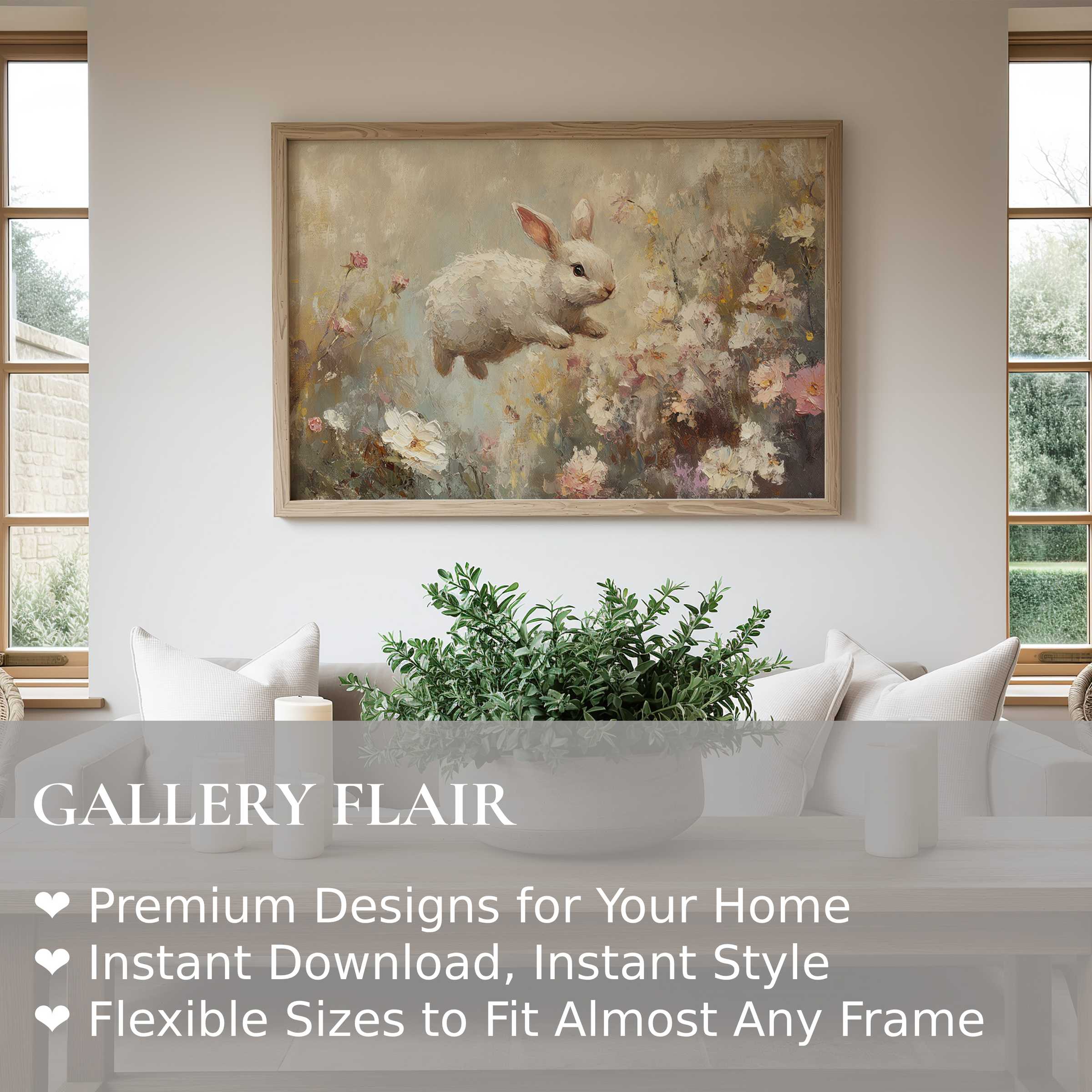 Easter wall art print featuring a serene white bunny amid soft florals, enhancing modern minimalist living spaces with warmth and charm