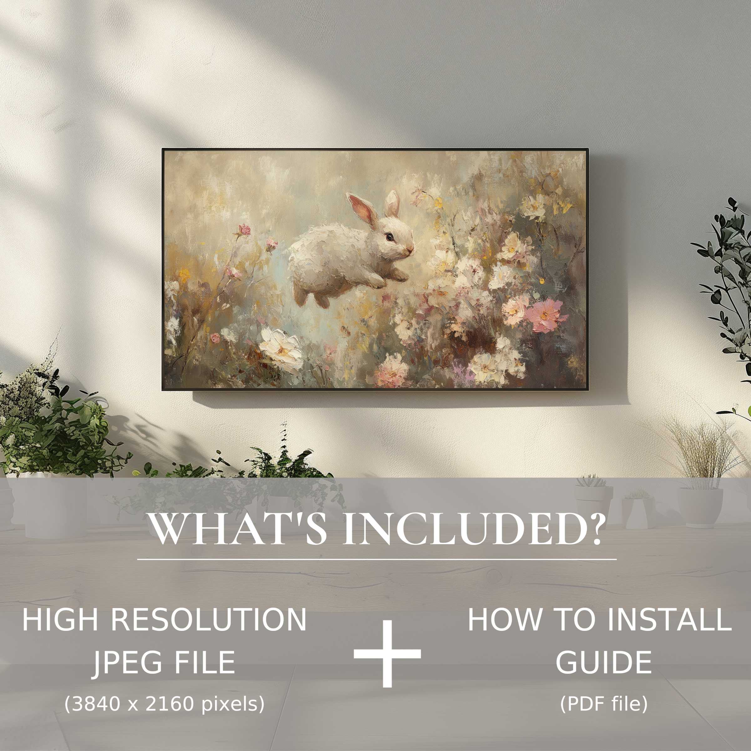 Elegant easter digital TV art download with a charming rabbit; easy digital use enhances modern living spaces