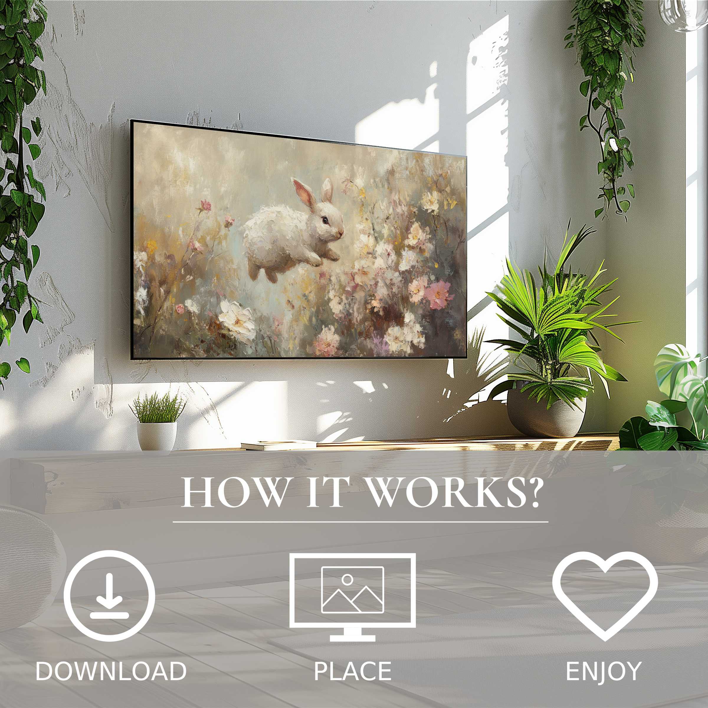 Easter art for Samsung TV shows soft pastel bunny and floral tones, easy digital download enriching modern living spaces