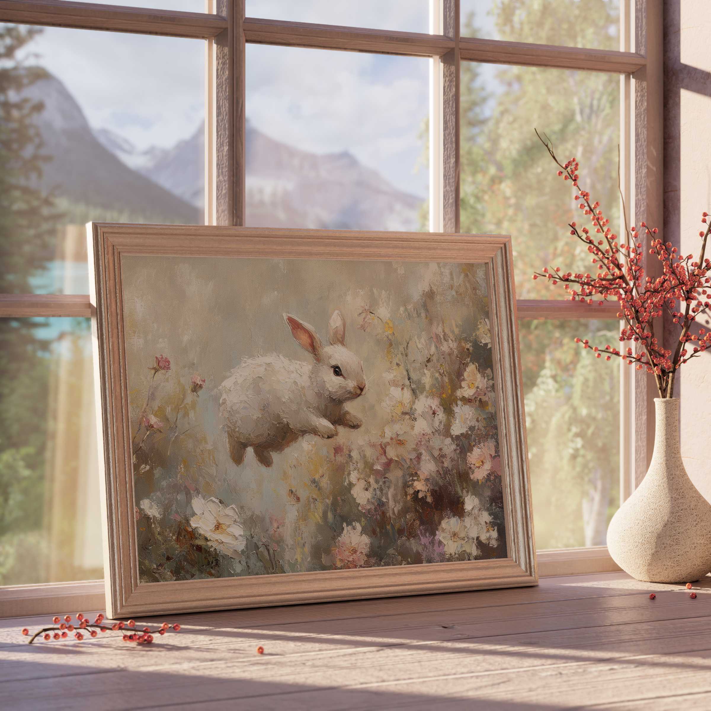Easter downloadable art featuring a joyful white bunny amidst soft blooms, enriching serene, stylish interiors with gentle warmth and curated charm