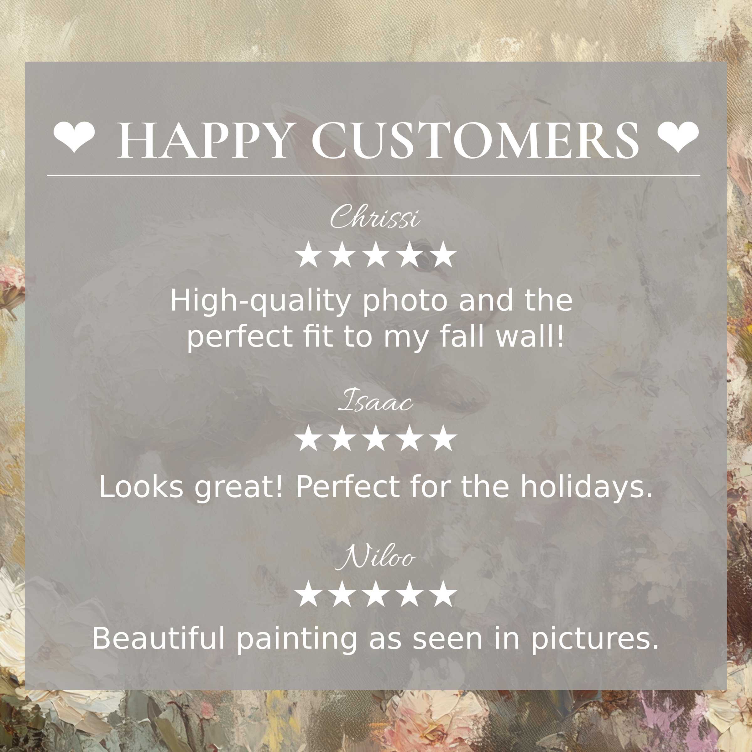 Elegant easter art for Frame TV with muted floral backdrop, showcasing happy customer reviews to inspire trust and style