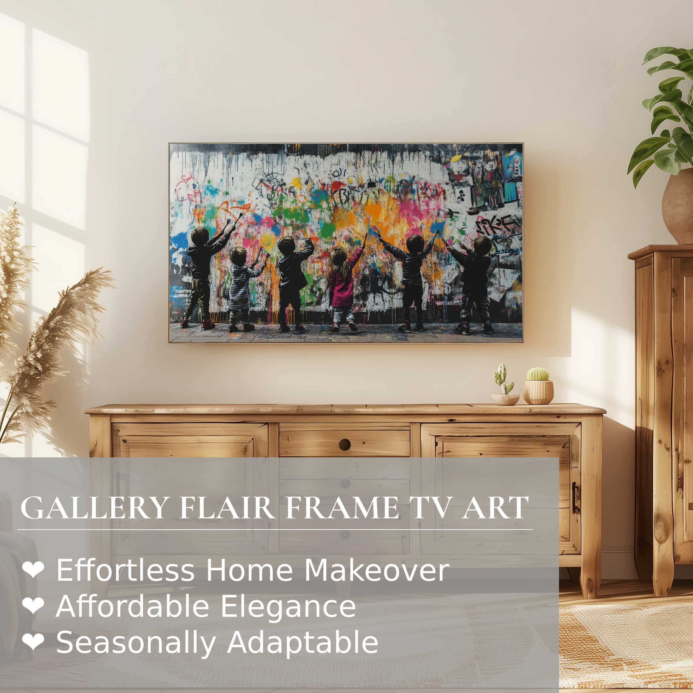 Samsung Frame TV displays vibrant street art digital artwork in a sleek, modern living space with warm natural light